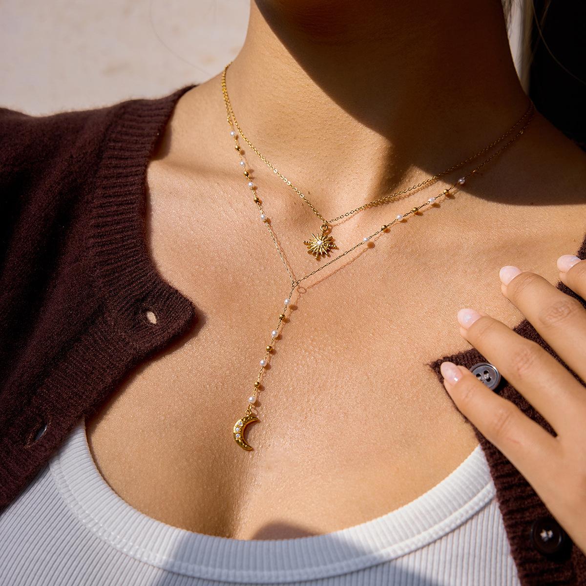 Sun & Moon Pendant Necklace, Double Layer Pearl Choker, Anti-Tarnish