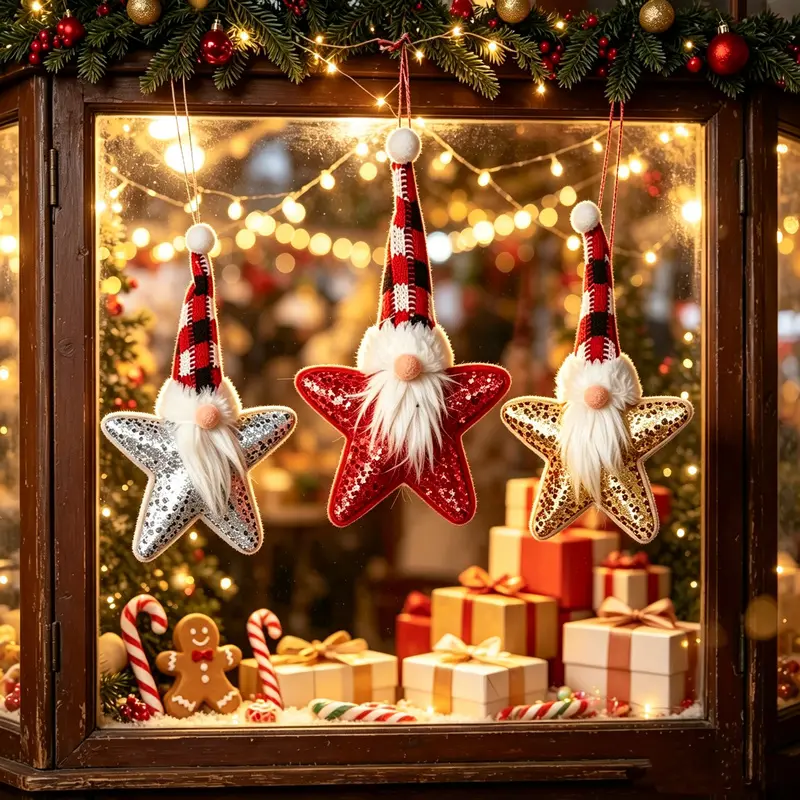 1 piece of elf Christmas tree ornament in the shape of a pentagram, with a plaid hat and sequins, made of soft plush, easy to hang and store, suitable for home, outdoor, and mall Christmas tree decorations, perfect for Christmas tree decoration and gifts