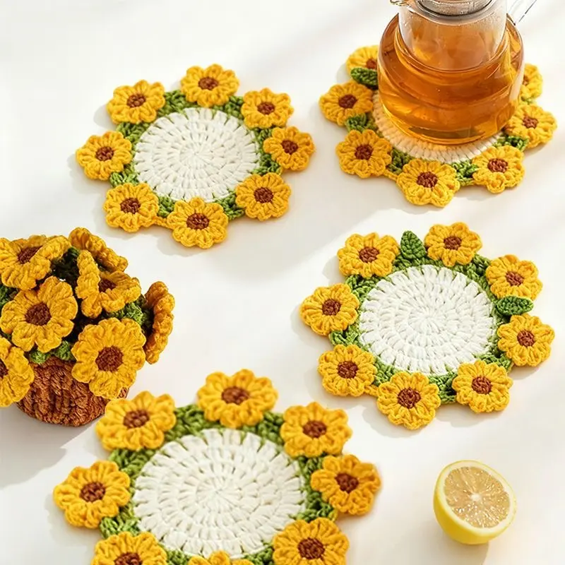 Handmade Crochet Coaster Set with Mini Basket -Boho Floral Coasters Soft Rose Flower Bouquet Knitted Decorative Coasters , Fall Halloween Coffee Table Decor, Wedding Gift, Housewarming, Home Decor,Birthday Vintage Rose Design