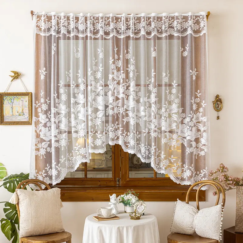 White Lace Kitchen Curtain, Jacquard Floral Cafe Curtain, Short Window Curtain for Cabinet Door Decorset Light-Filtering Door Curtains for Home & Party Decor, Window Curtains and Nettings, Room Decor Lightweight Curtains, Home Decoration Curtain