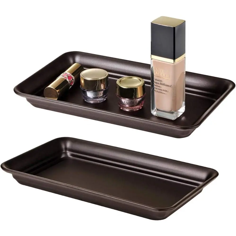 Vintage Farmhouse Decor Metal Vanity Tray(2 Pack),Countertop Guest Hand Towel Storage Organizer Tray Dispenser, Sturdy Holder for Perfume,Cosmetics, Jewelry, Makeup Bathroom Organizer (Bronze)