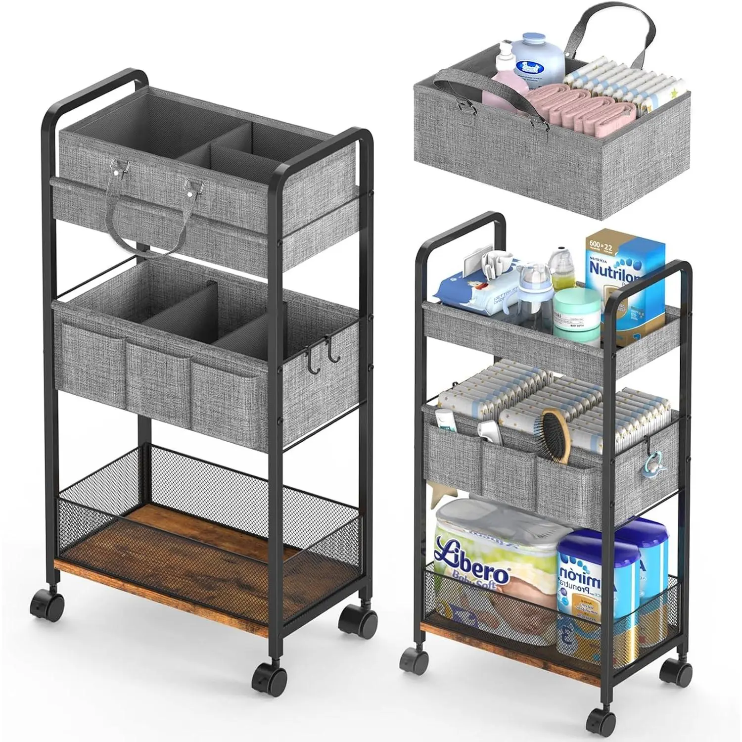 2In1 Baby Diaper Caddy & 3-Tier Rolling Diaper Cart, Diaper Caddy Organizer Cart with Dividers, Mobile Metal Utility Cart for Nursery Essentials, Detachable Bedside Cart, Large CapacityGift