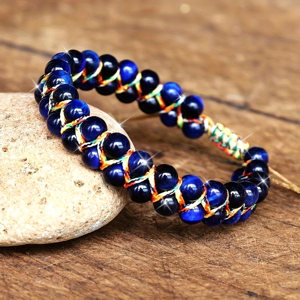 Bohemian style adjustable bracelet - natural cat's eye/tiger's eye beads, navy blue and gold accents, adjustable knot clasp, suitable for daily wear and vacation, women's accessory, July birthstone gift - uncoated natural stone bracelet, tiger's eye beads