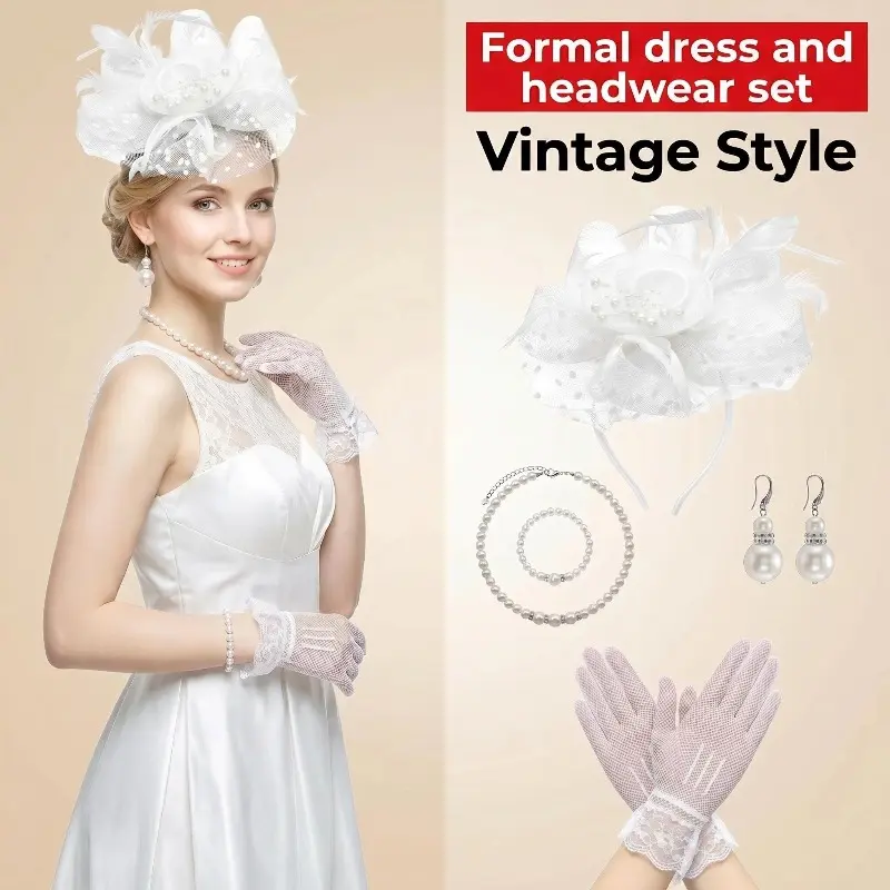 Women’s Vintage 3-Piece Fashion Accessory Set - White Polka Dots/Plain Fascinator Hat Headband, Elegant Pearl Jewelry, Casual Gloves for Tea Party, Wedding, Church Costumes