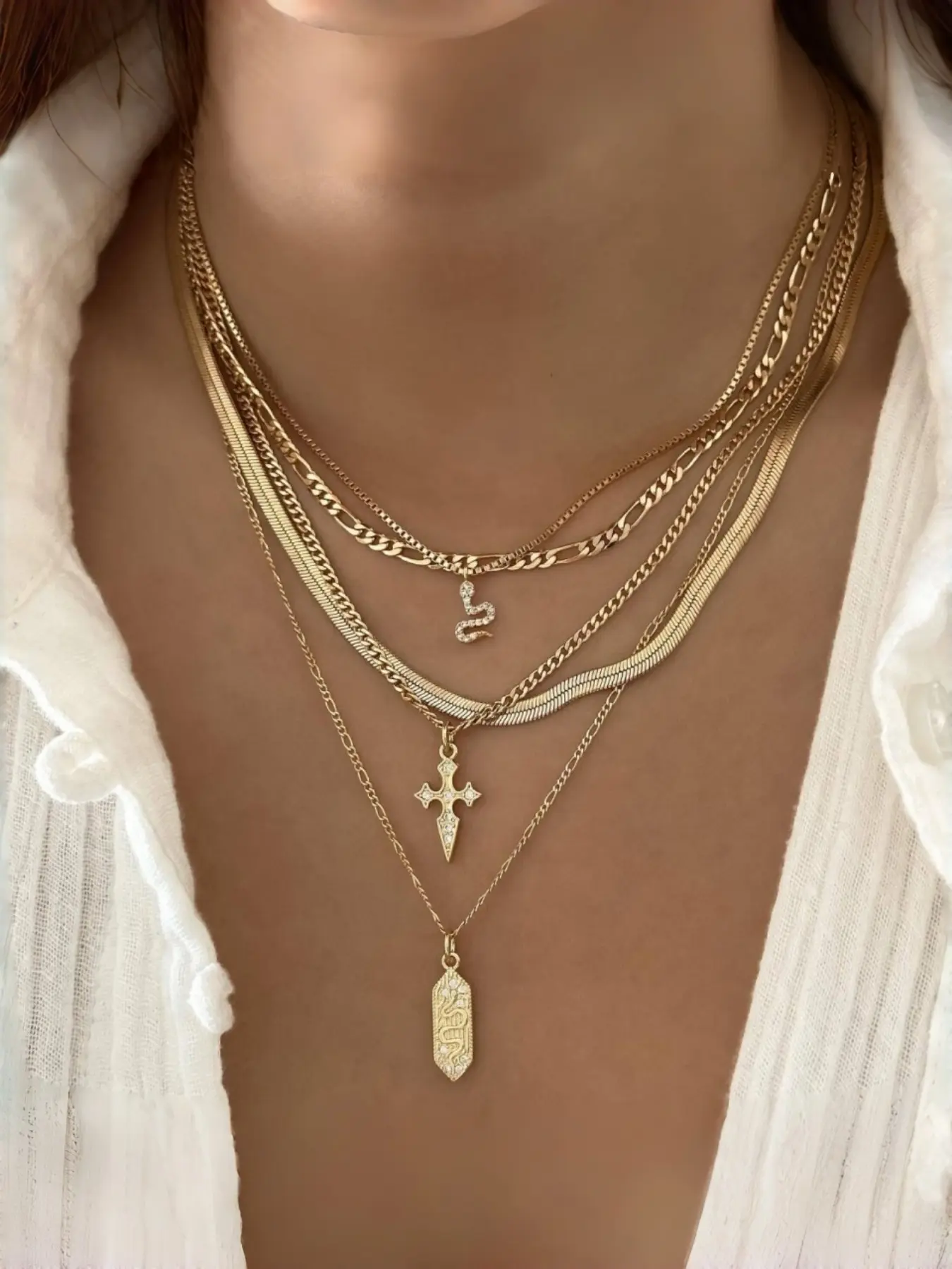 Vintage Heavy Multi-Layer Chain Necklace for Women, Y2K Gold Layering Choker with Rhinestone Snake & Cross Pendants, Sweet Cool Trendy Jewelry, Perfect Birthday Gifts for Girlfriends & Best Friends