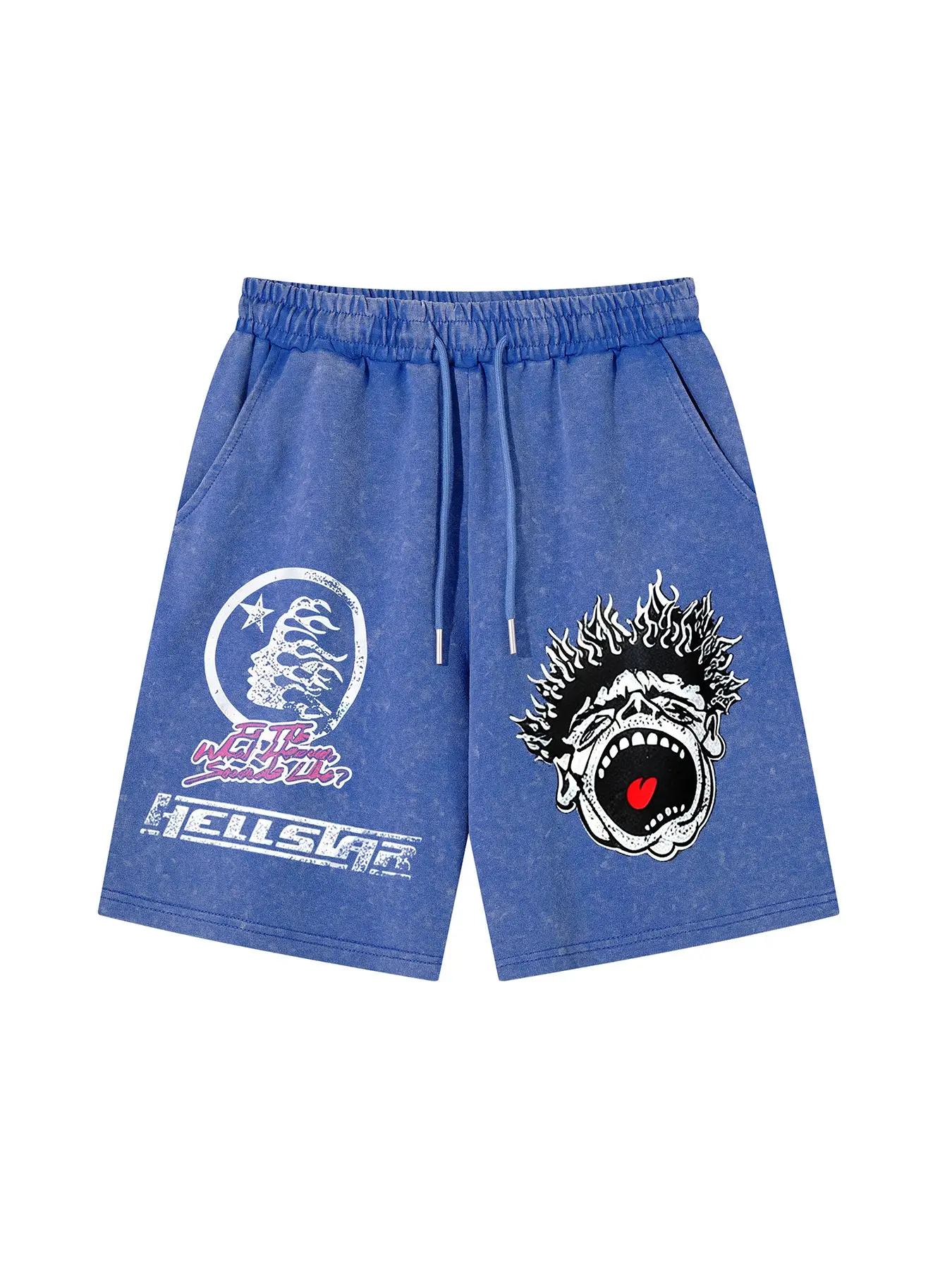 Men's Summer Shorts, Vintage Streetwear, Tie-Dye Cartoon Faces, Explosive Hair, Flame Stars Print, Fashionable Casual Sports Pants