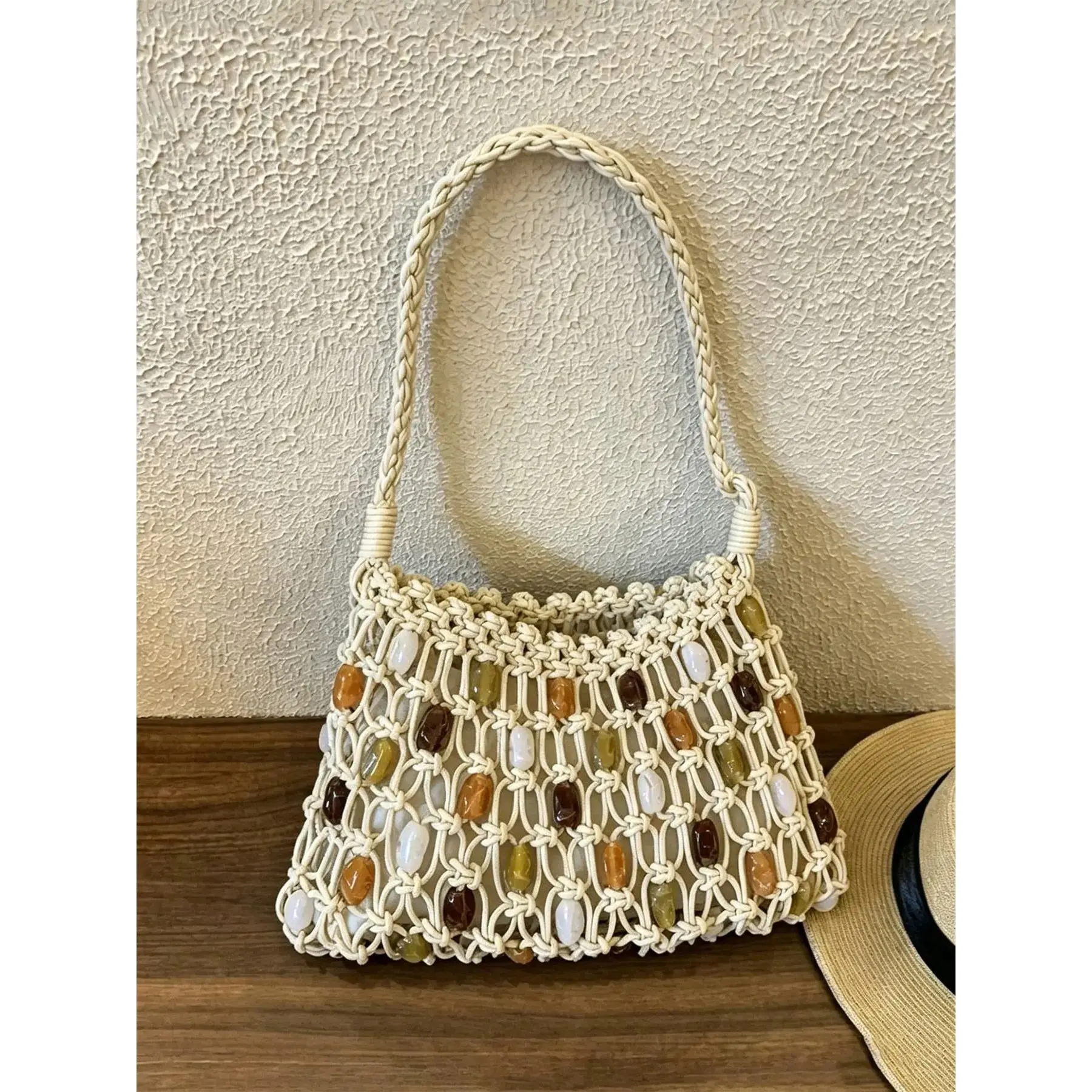 Women's Bohemian Crossbody Bag, Vibrant Beaded Mesh Fabric Shoulder Tote with Stone Beads, Casual Retro Handbag for Festival Outfits, Lightweight with Adjustable Strap, Casual Shoulder Purse, Woven Stones, Shoulder Bag