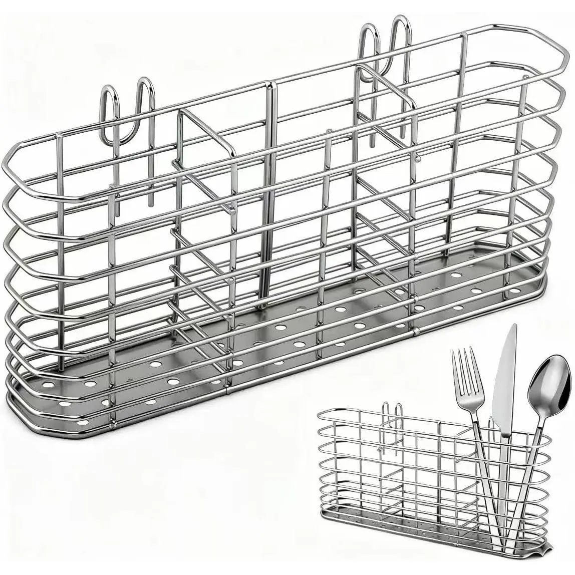 304 Stainless Steel Utensil Holder, Dish Drying Rack with Hooks, Utensil Holder for Sink,  and Fork Drainer Basket, Kitchen Drainage Basket Accessories(Sliver,Size:7.9inch)