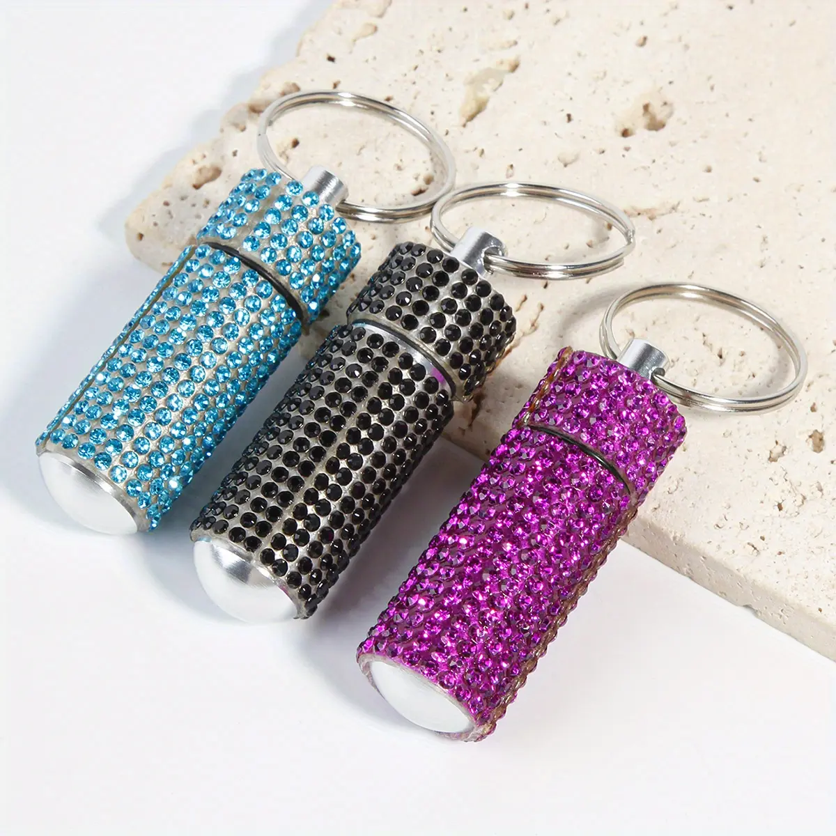 Unisex Resin Body Mini Stylish Rotating Compact Medicine Holder Keychain (3pcs), Sparkling Rhinestone Decoration, Easy Twist Lid, Multiple Colors, On-the-Go Portable Medicine Management Fashion Accessory, Multi-Colors, Twisting Lid