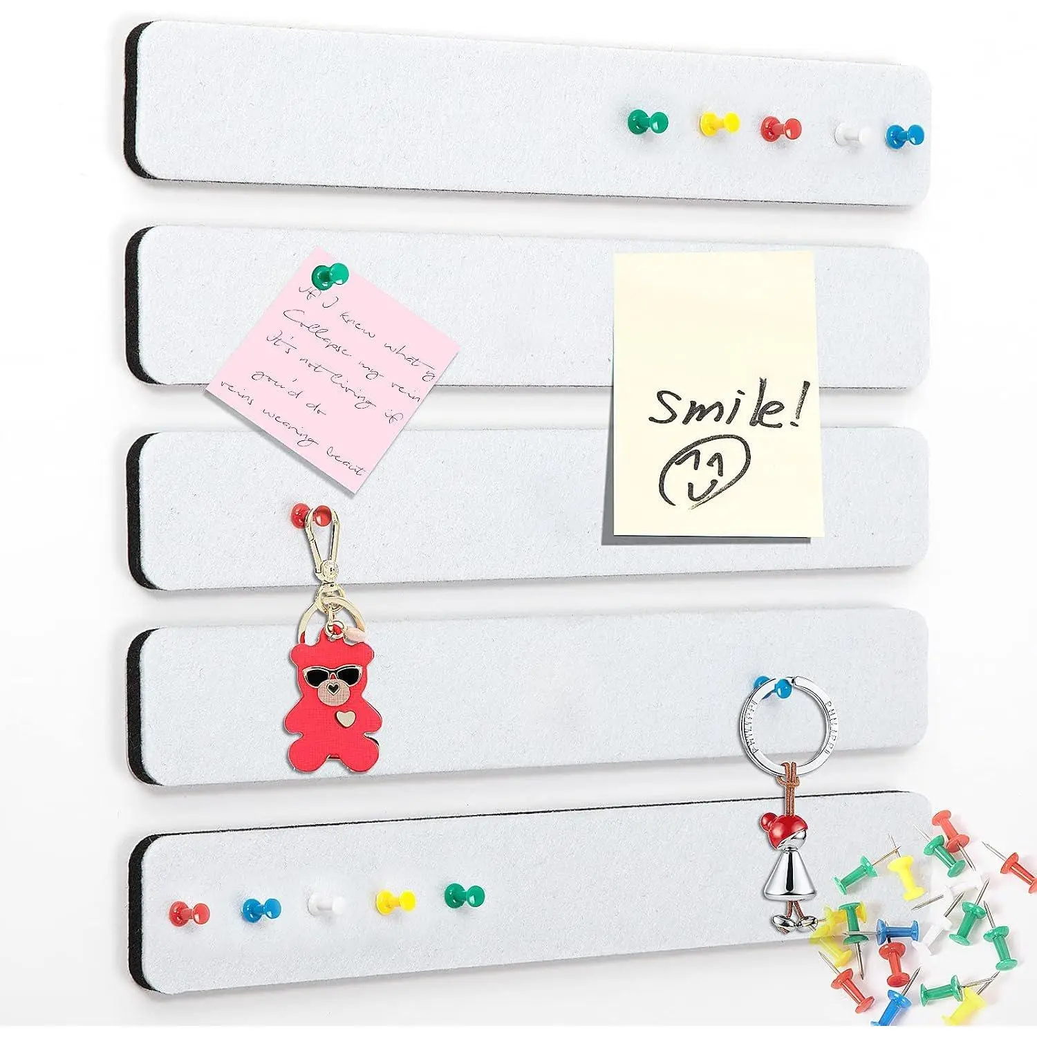 5 Pack Felt Pin Board Bar Strips Bulletin Board for Bedrooms Offices  Wall Decoration, Notice Board Self Adhesive Cork Board with 35 Push Pins for Paste Notes, Photos, Schedules (White)