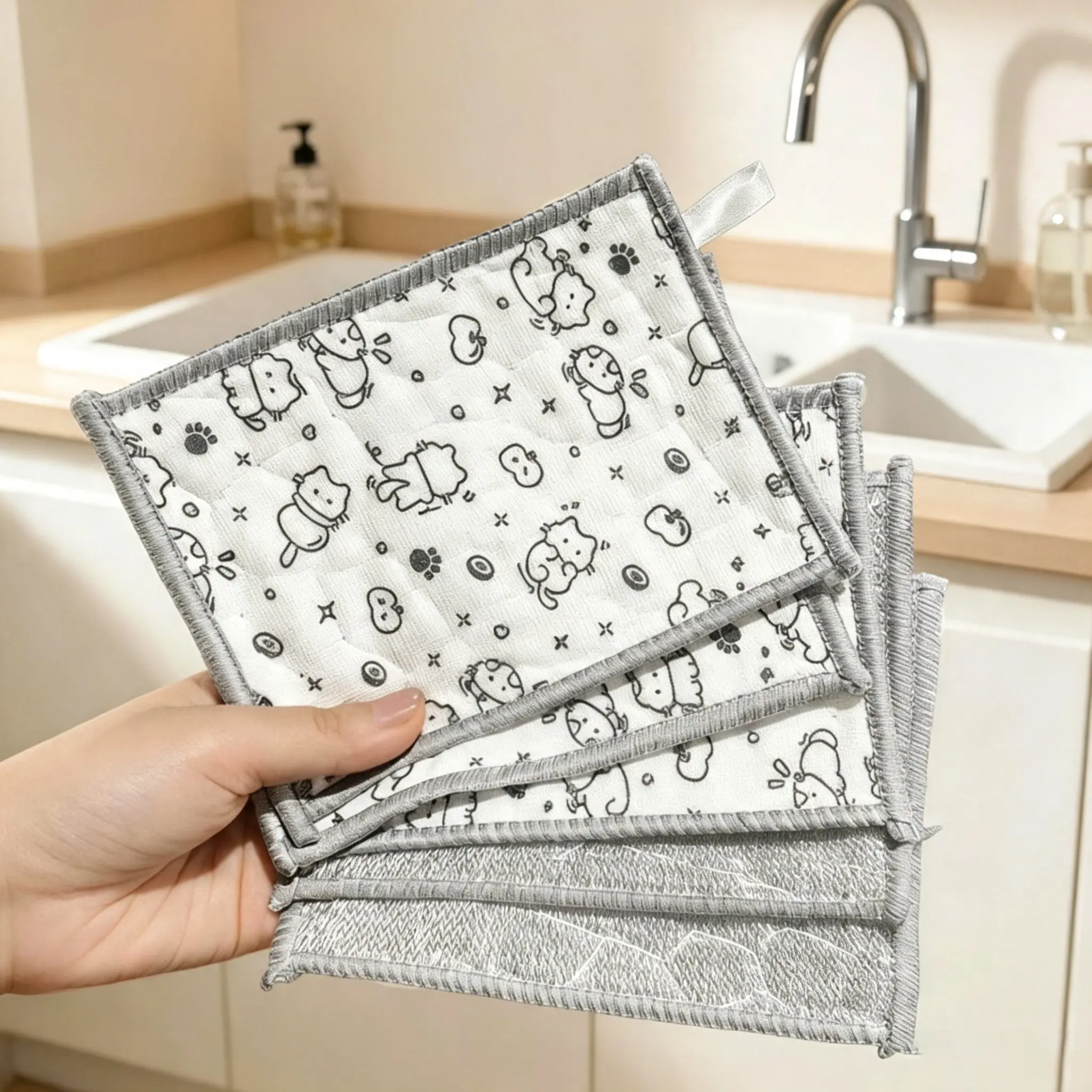 Double-Sided Dishcloth Set, Kitchen Cotton Sponge Cloths, Oil-Resistant Scrubbers, Thickened Washing Tools, Dual-Use Cleaning Towels
