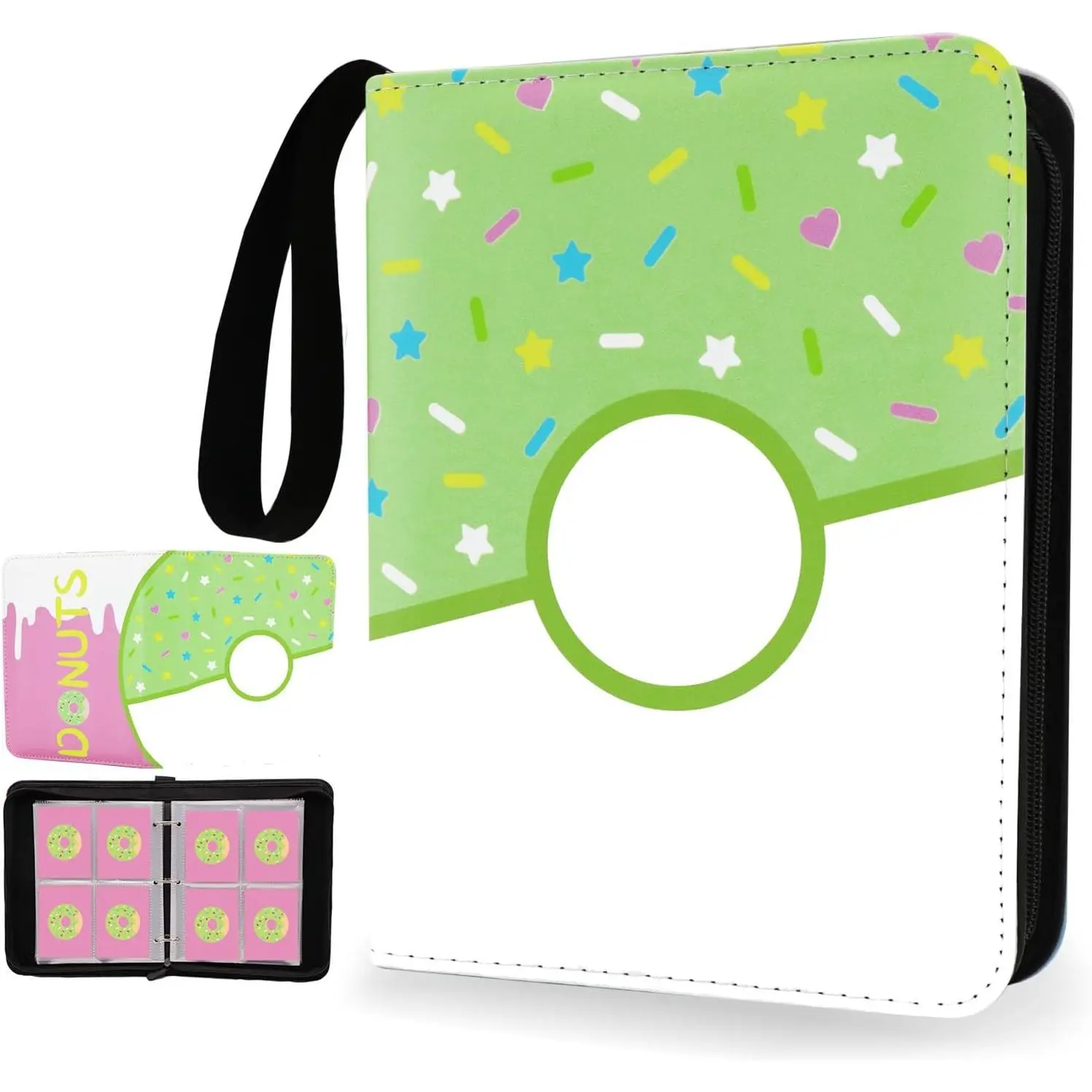 4-Pocket Trading Card Organizer, 400-Card Zipper Binder Album for Girl Teen Collection, Pink Donut & Green Donut Designs
