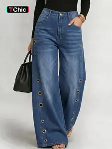 2026 European Women's Plain Loose Denim Jeans, Elegant High-Waisted Wide Leg Pants, Natural Waist, Hollow Out Design, All Seasons