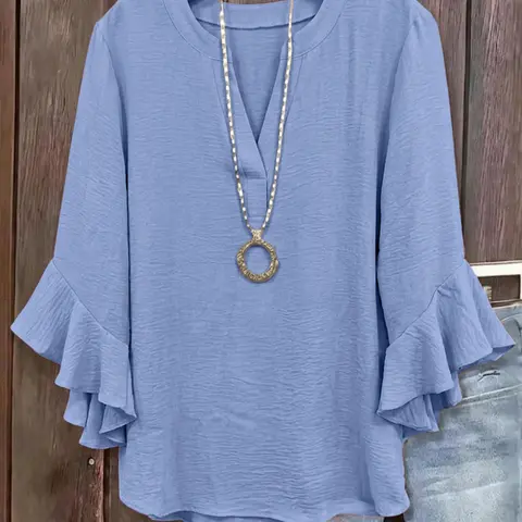 Plus Size V-Neck Ruffled Sleeve Textured Blouse, Loose Fit Y2K Summer Top, Trendy Elegant Flounce Detail, Comfortable Casual Everyday & Party Wear, Blouses Shirts Tops
