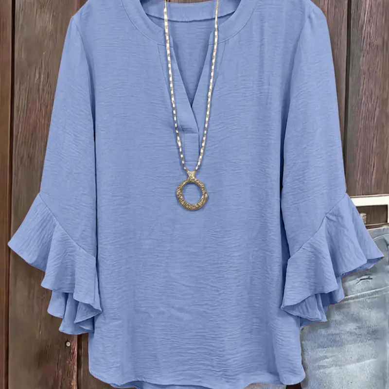 Plus Size V-Neck Ruffled Sleeve Textured Blouse, Loose Fit Y2K Summer Top, Trendy Elegant Flounce Detail, Comfortable Casual Everyday & Party Wear, Blouses Shirts Tops