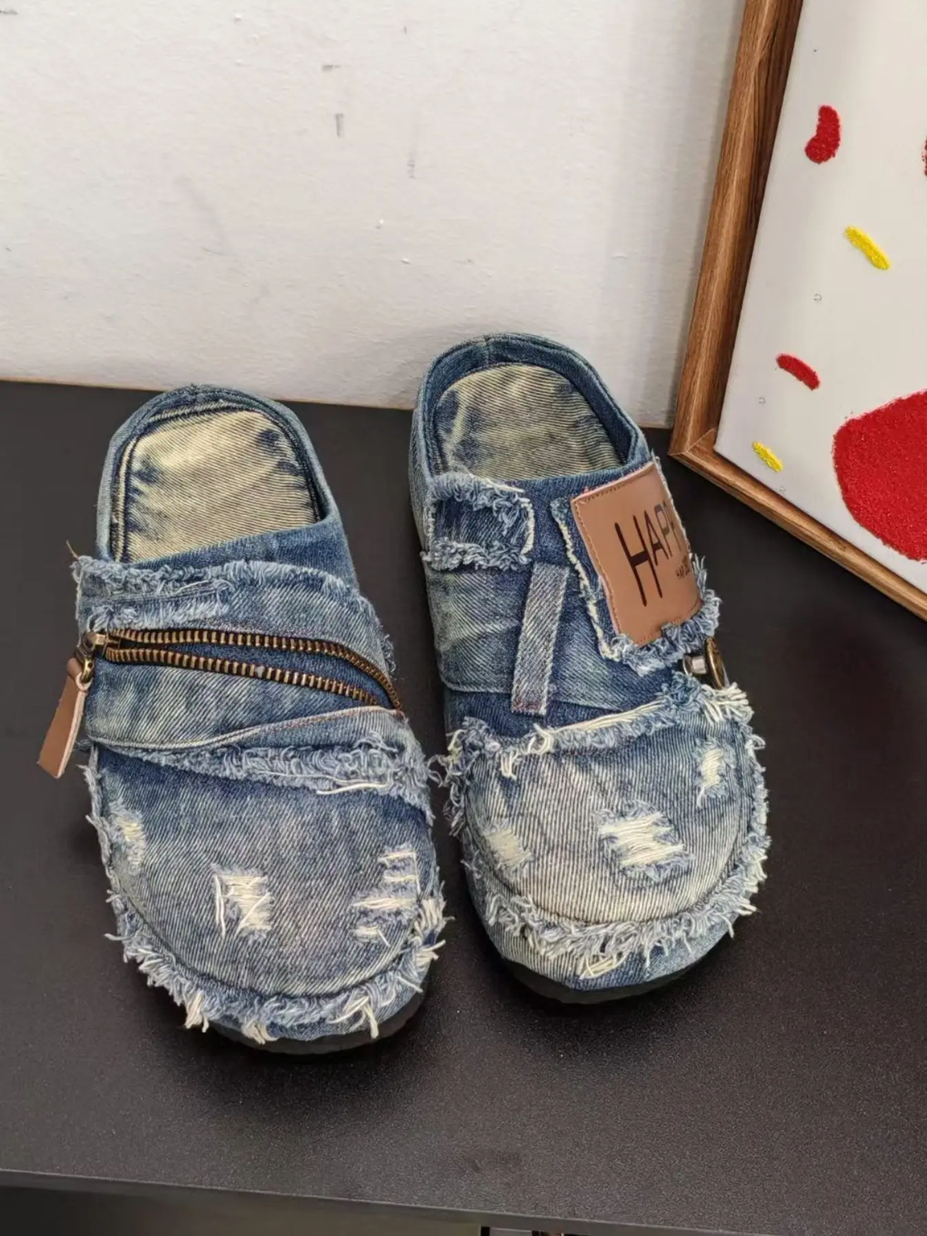 Men's Vintage Distressed Denim Closed-Toe Mules, Zipper Frayed Raw Edge Backless Slip-On Half Slides, Casual Streetwear Comfortable Non-Slip Loafers for Men, Lightweight Summer Shoes for Daily Indoor Outdoor Wear