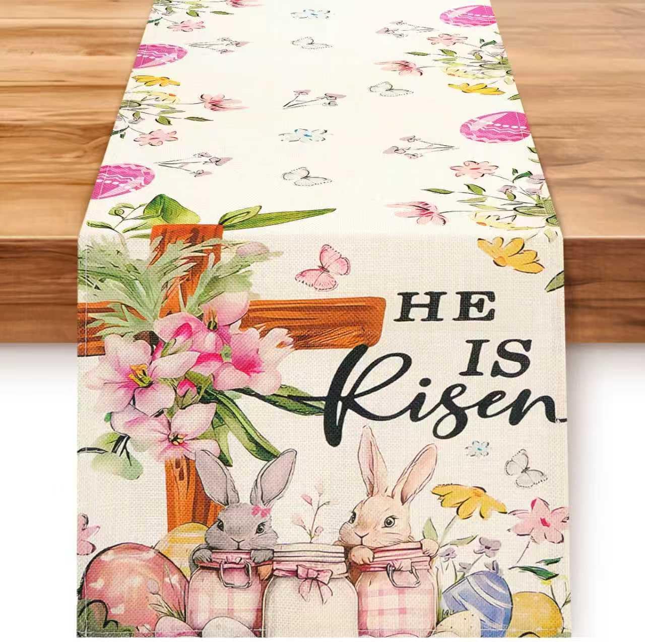 Easter Table Runner 13*72 Inch, Easter Decorations for Table Decor, Bunny Table Runner with Cross Flower, He is Risen Decors Spring Kitchen Dining Table Decor for Home