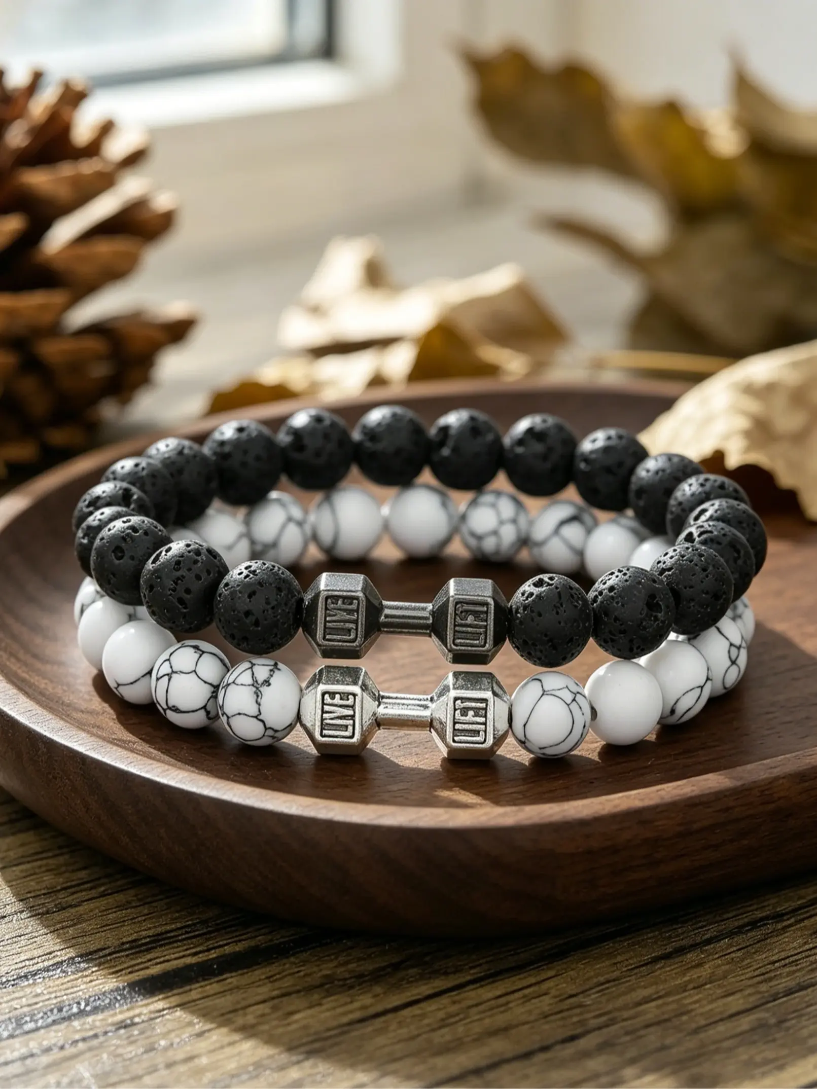 Dumbbell Bracelet Set (2 Pieces), Unisex, Matte Finish with Bead Decorations, Fitness Jewelry, Dumbbell Cord Bracelet, Beaded Bracelets, Stackable Bracelets