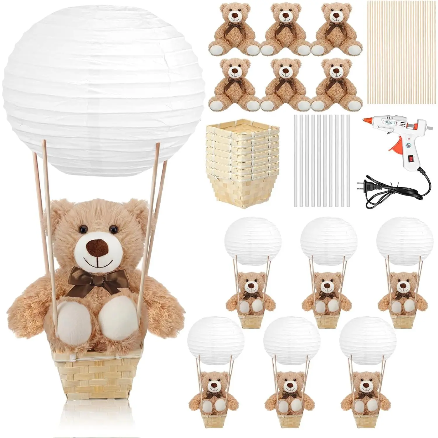 Sosation 6 Sets Hot Air Balloon Decorations with 13.7 Inch Plush Bears Baby Shower Table Centerpieces with Paper Lantern Basket Stick Glue Gun for Gender Reveal Wedding Birthday(White)