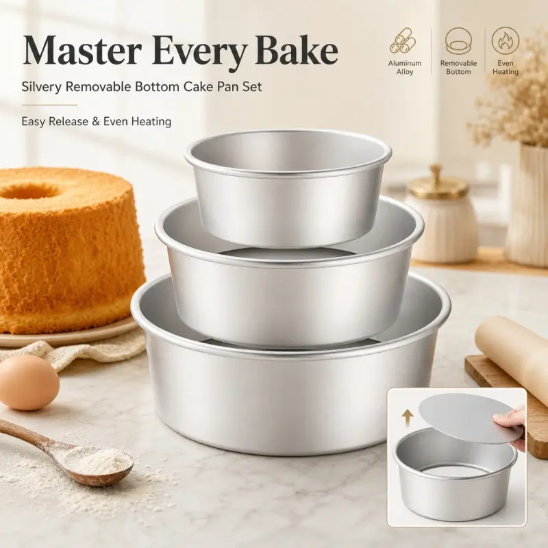 3-Piece Round Aluminum Cake Pans With Removable Bottom. Spring bottom enables easy demoulding, and uniform heat conduction for ideal baking results.