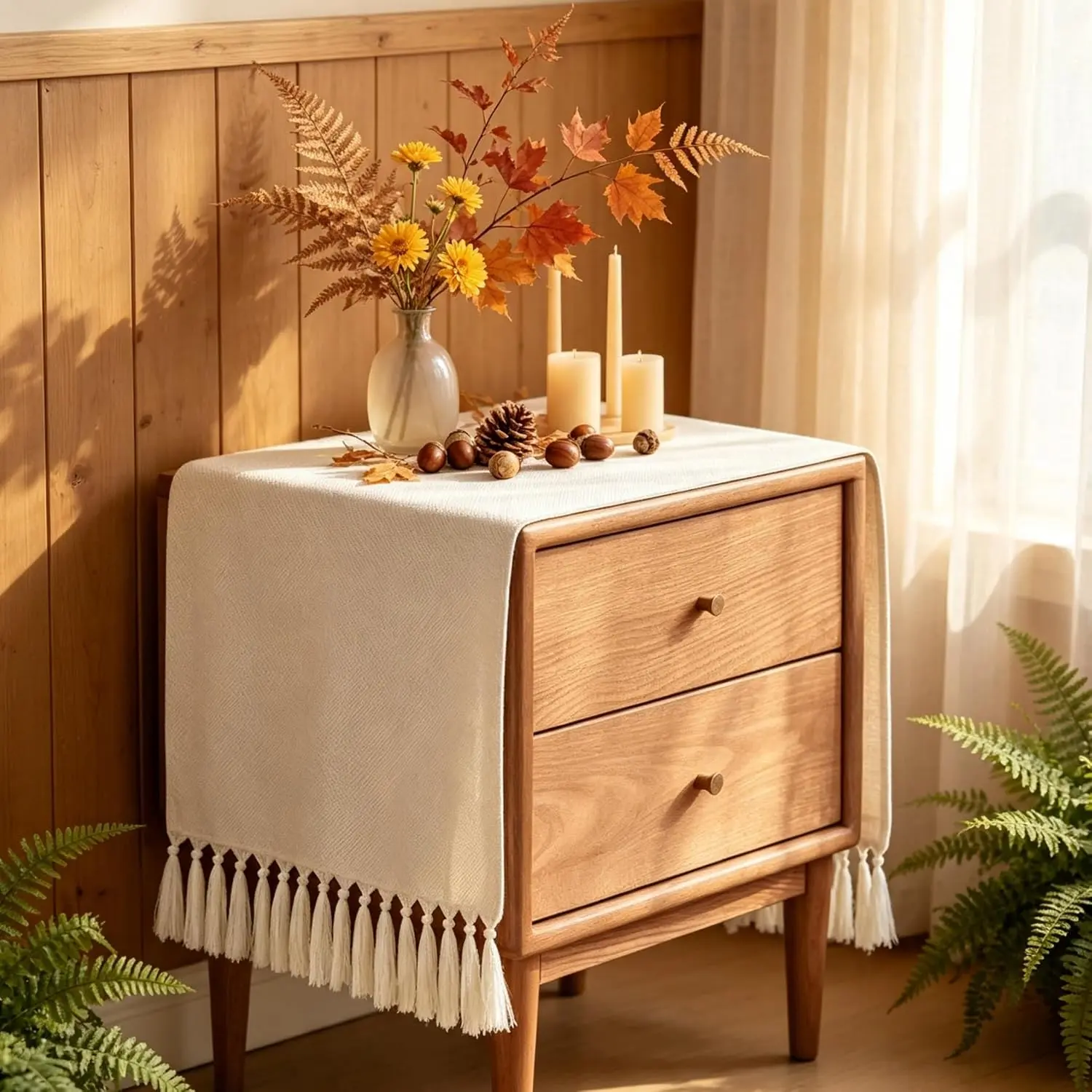 Nightstand Cover 13 x 36 Inch Cream Boho Dresser Cover Top | Short  Table Runner with Tassels for Fall Bedroom Night Stand, End Table, Coffee Table, TV Stand Decor