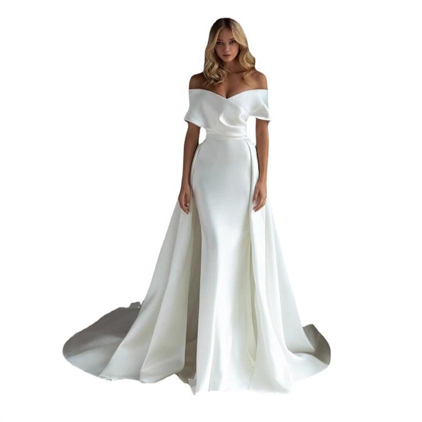 2026 New Light Wedding Dress, Off-the-Shoulder, Slim-Fit, Elegant, Body-Shaping, Sexy White Train Evening Dress for Women