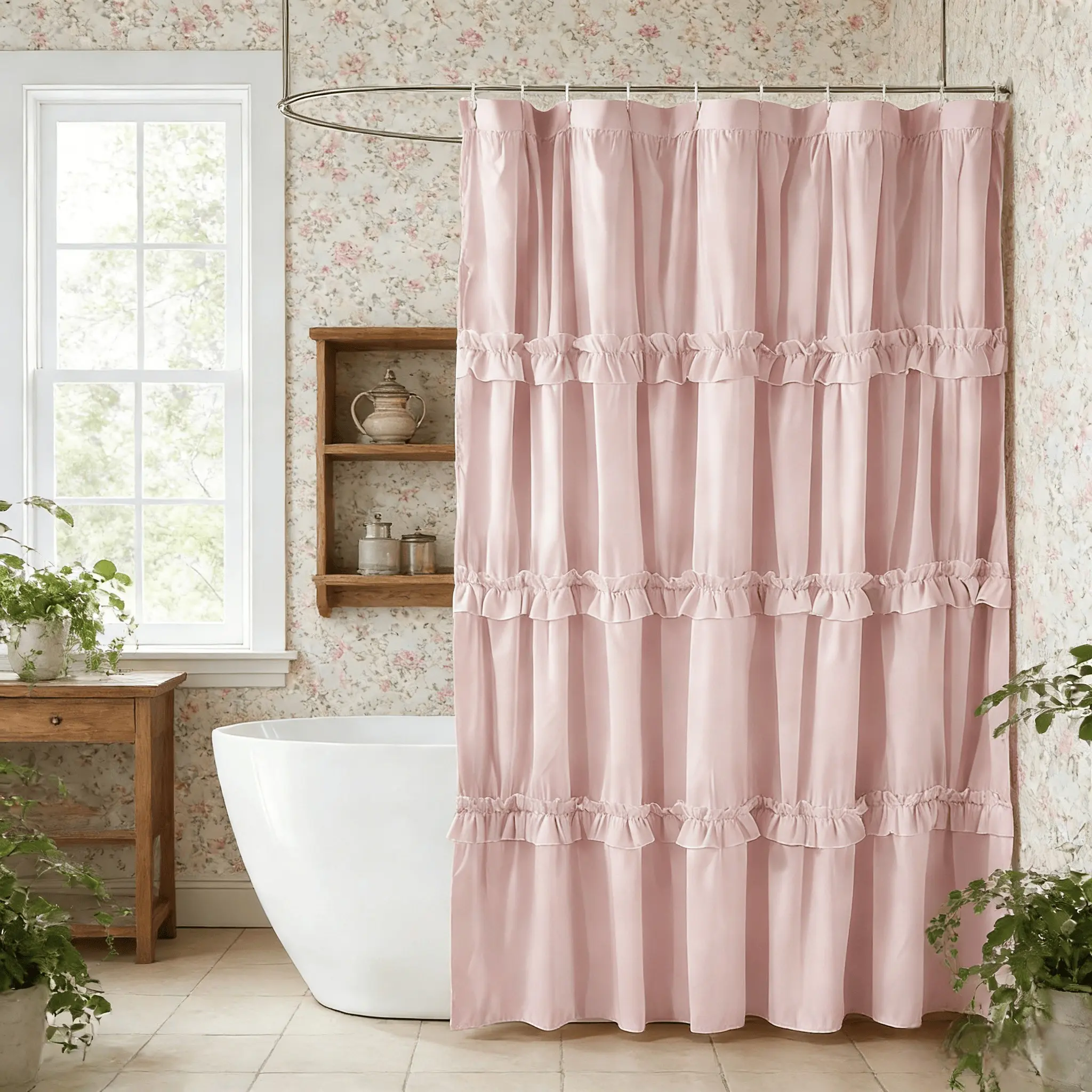 French Vintage Ruffled Princess Style Pink Decorative Shower Curtain, Handmade Pleats, Microfiber Fabric, Retro Design, 12 Hanging Holes, Hotel Quality, Bathroom Decor, 72" W x 72" H