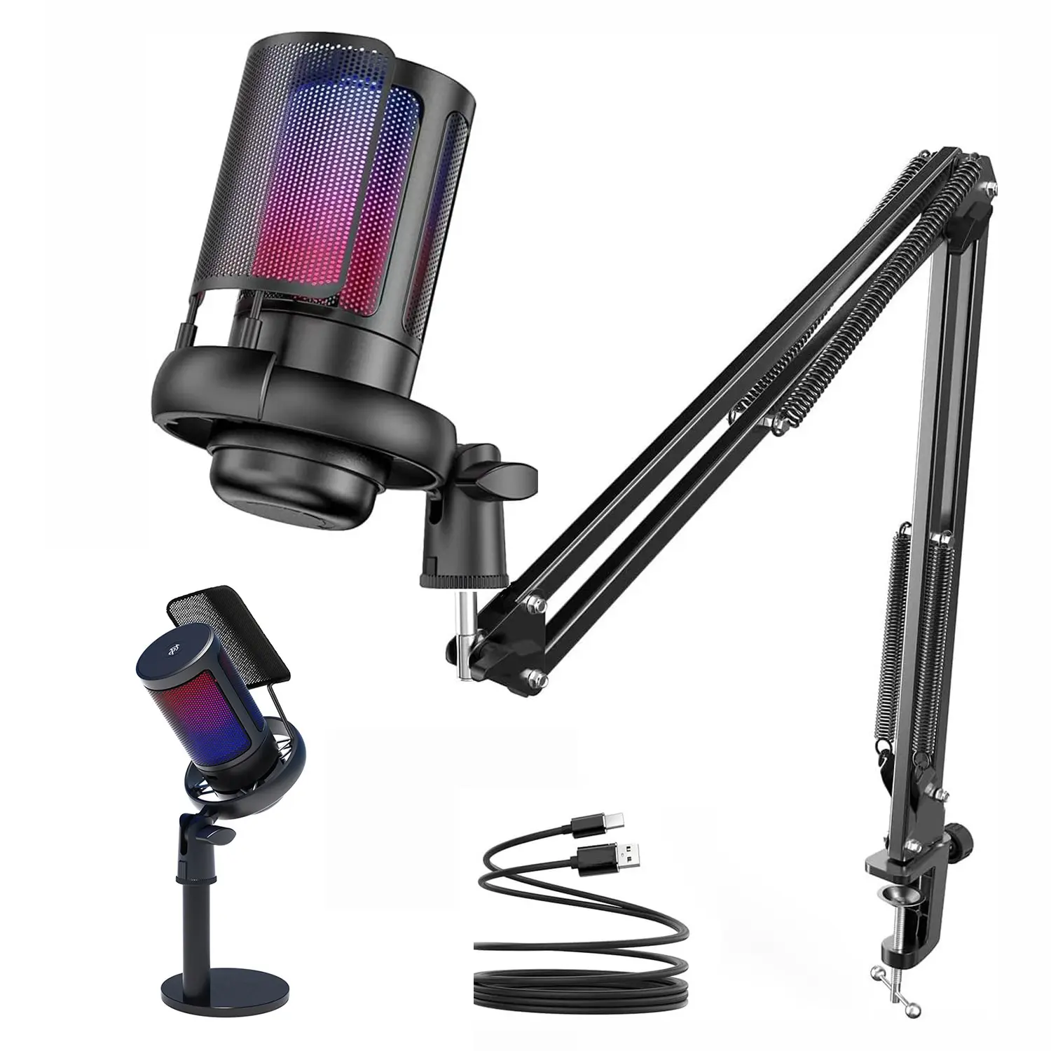 Game Streaming Mic USB Condenser Recording Mic, Quick Mute + Shock Mount, RGB Light, Pop Filter, Dual Stand Set for Ps5/ps4/PC, New Condition