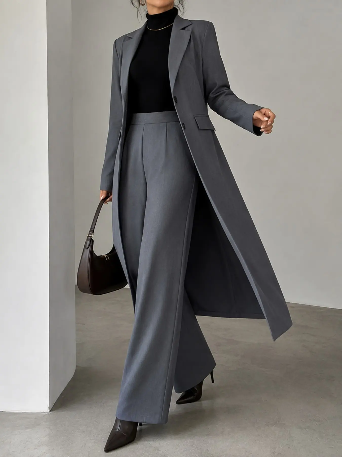 Women's Fashion Two-Piece Set, Long Suit Jacket and Wide-Leg Pants, Casual Loose-Fit, Fall Winter Office Wear, Indoor and Outdoor