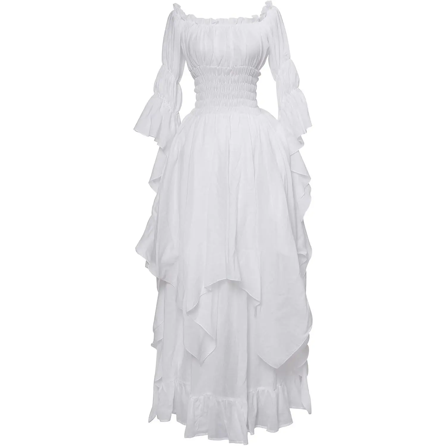 Women's Victorian Renaissance Gothic Witch Costume Dress Off-Shoulder Ruffled Smocked Elastic Waist Ribbon Bell Sleeves Asymmetrical Layered Hem Tea Party(Gift)