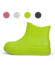 Women's Retro Lace Up Waterproof Rain Shoes, Black Platform Sole Short Rubber Boots, Anti Slip for Dog Walking Grocery Shopping