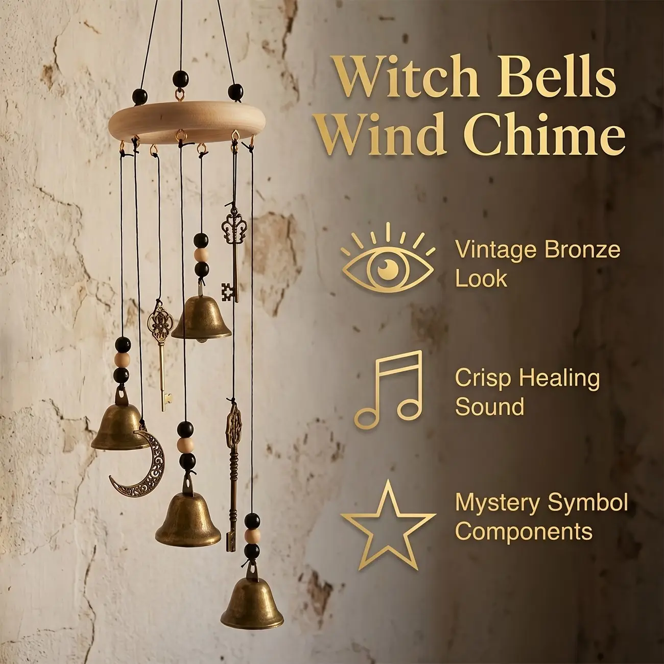 Vintage Worn Key Star Moon Bell Decorative Wind Chime, Witchy Wicca Pagan Iron Art Hanging Decor, Garden Home Luck Guardian Ornament, Unique Gift, Outdoor Garden Accessory