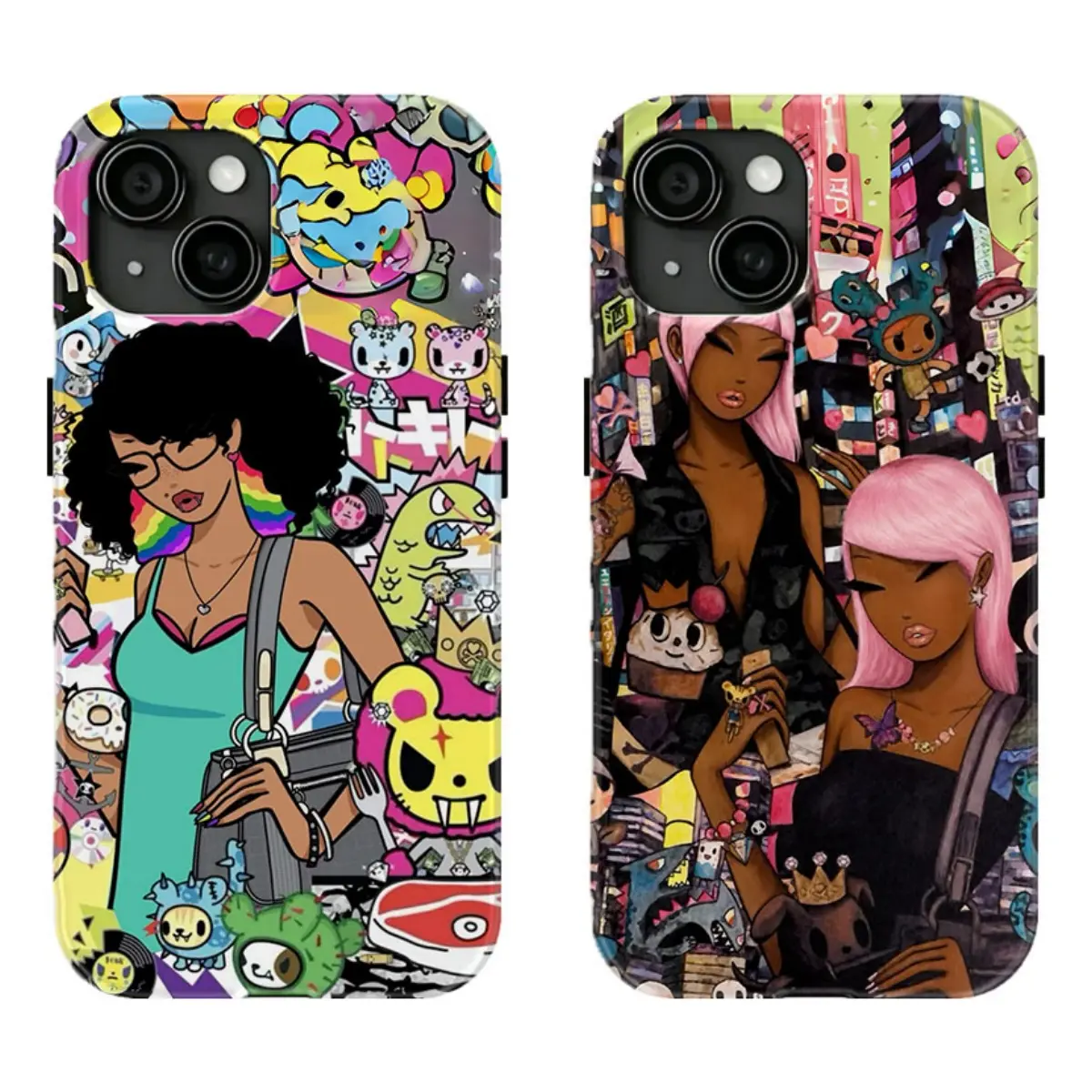 Viral Y2K Hot Girl T0kid0ki Phone Case Colorful Urban Graffiti Sticker Bomb Black Fashion Girl Collage Phone Case Compatible for iPhone 17 Promax 16 15 14 13 12 11 and for Samsung S22-S26 Ultra Perfect Gift for Girls