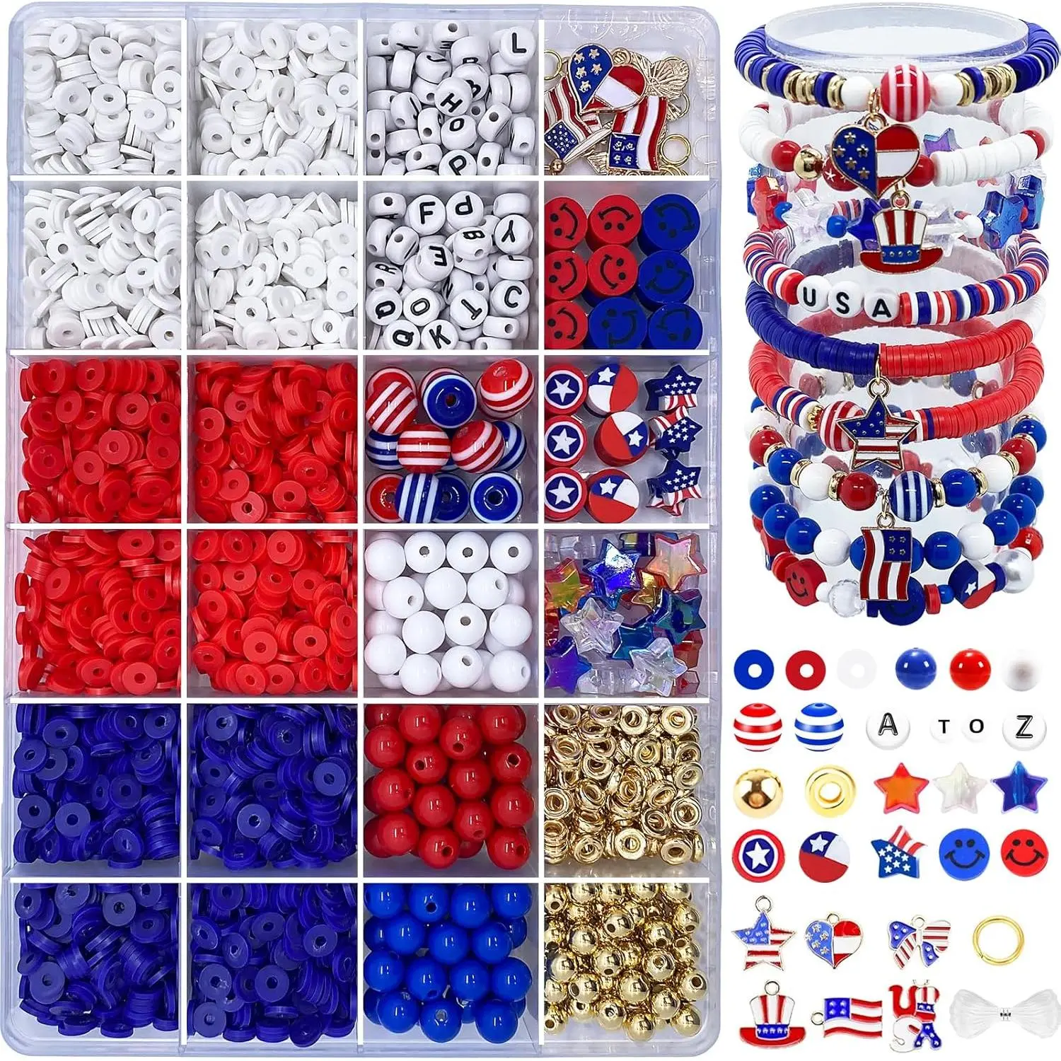 Red White Blue Beads Bracelet Making Kit, 3000＋ 4th of July Clay Beads Heishi Round Acrylic Gold Spacer Letter Bead for Jewelry Making Kit with Charms