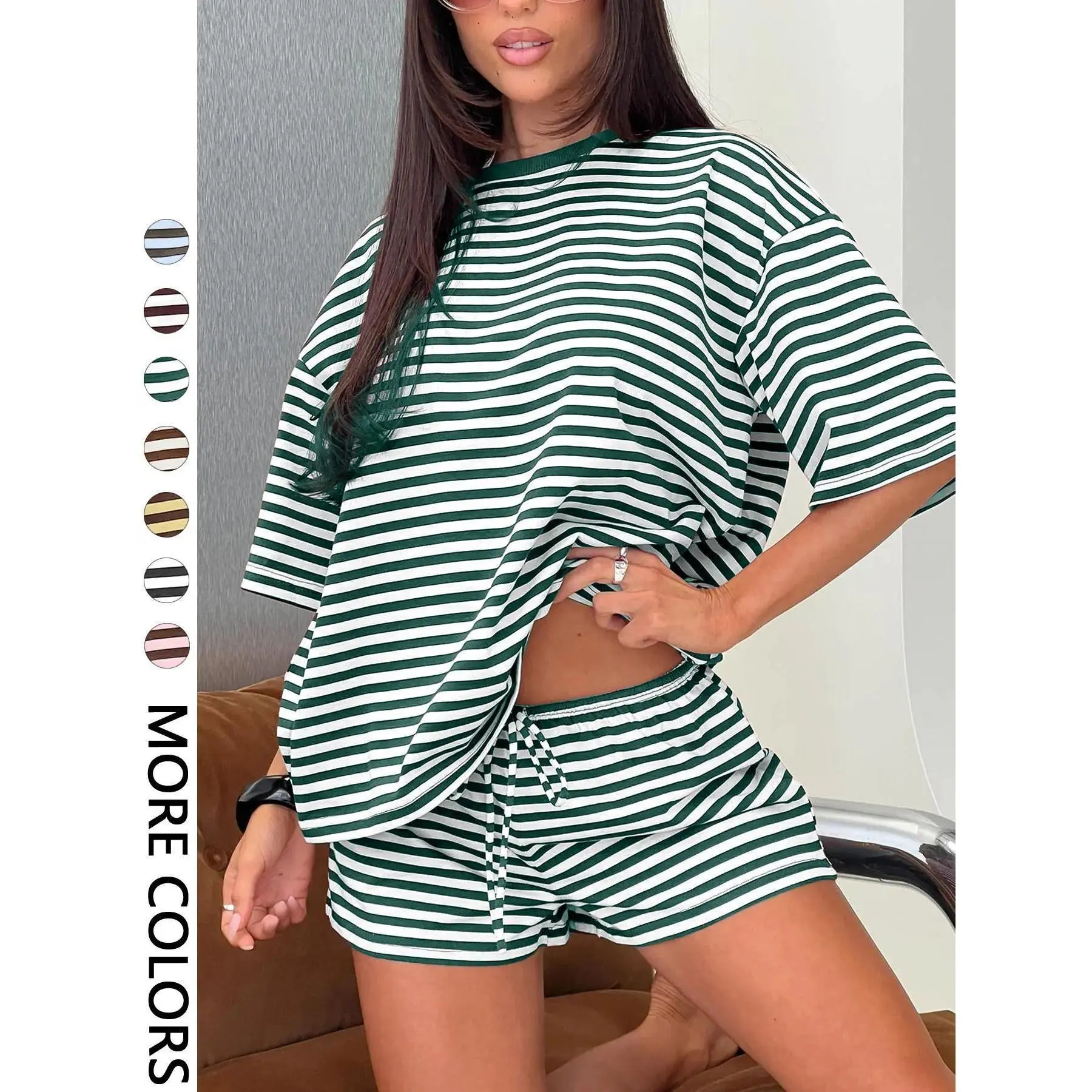 Striped Print Two Piece Loungewear Set for Women, Oversized Short Sleeve Tee & Drawstring Shorts, Soft Knit Co-ord Outfit for Daily Home Wear, Vacation & Street Style