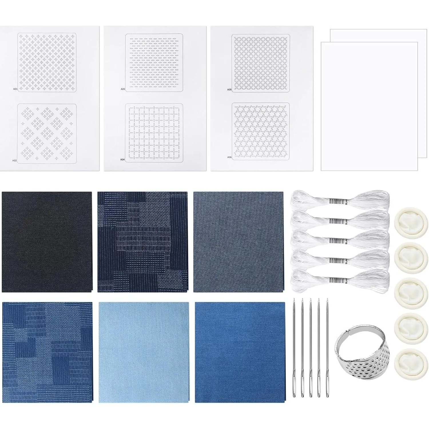 Sashiko Kit Sashiko Thread and Needles Thimble Denim Fabric Water Soluble Japanese Embroidery Kit for Beginners Hand Quilting and Mending, Sewing Supplies
