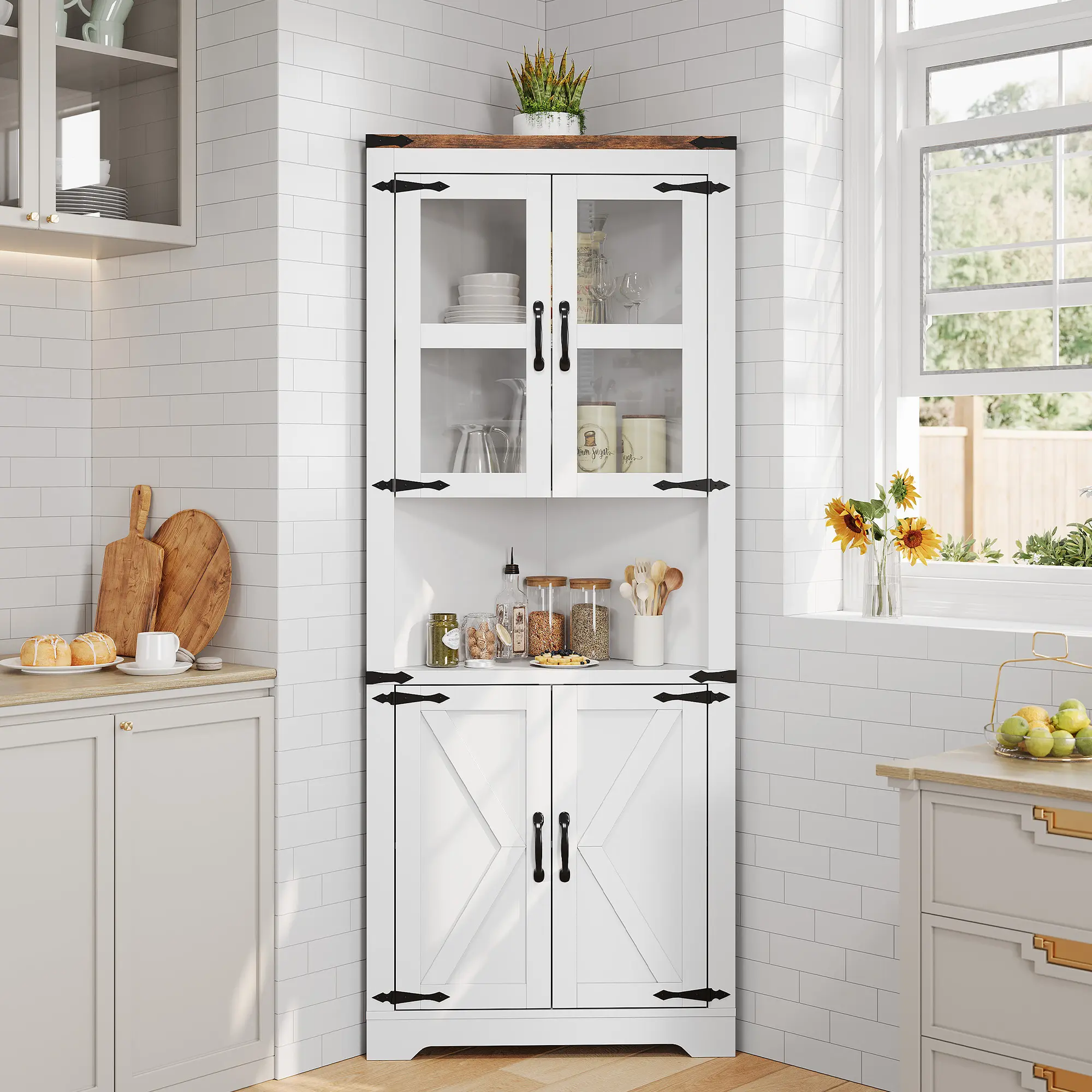 67" Tall Rustic Farmhouse Corner Cabinet - Glass Doors, LED Lighting, Wooden Storage Display Hutch - Cabinet Hallway Furniture for Kitchen, Entryway Space-Saver Organizer