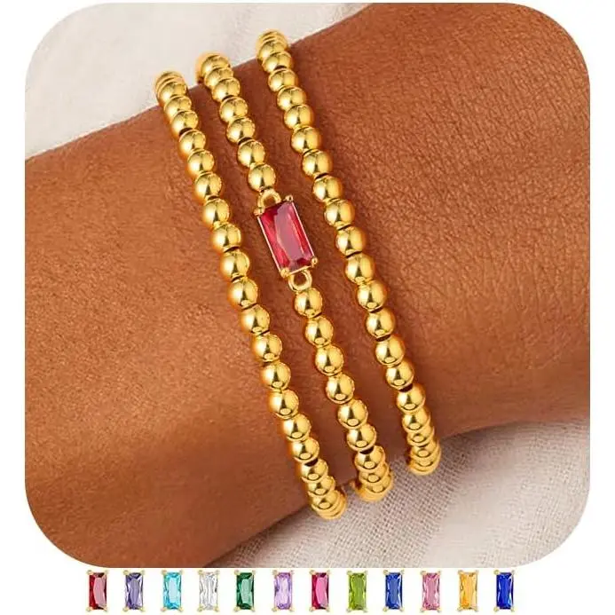 Birthstone Bracelet for Woen - Layered Stretch Beaded Bracelets | 14K--Plated,Bracelet Stack,Cubic Zirconia Birthstone Bracelets,Birthday Gifts for Woen,Trendy