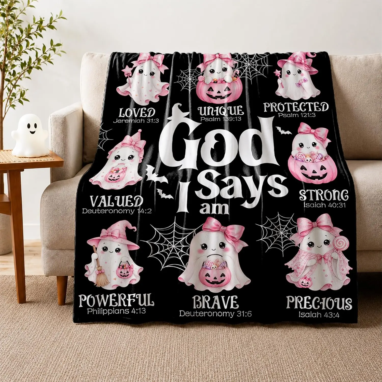 Christian Gifts - Halloween Pink Ghost Blanket Gifts for Girls Boys |   God Says I Am Blanket, Meaningful Thoughtful Religious Baptism Christian Gifts for Women , Bible Verse Throw