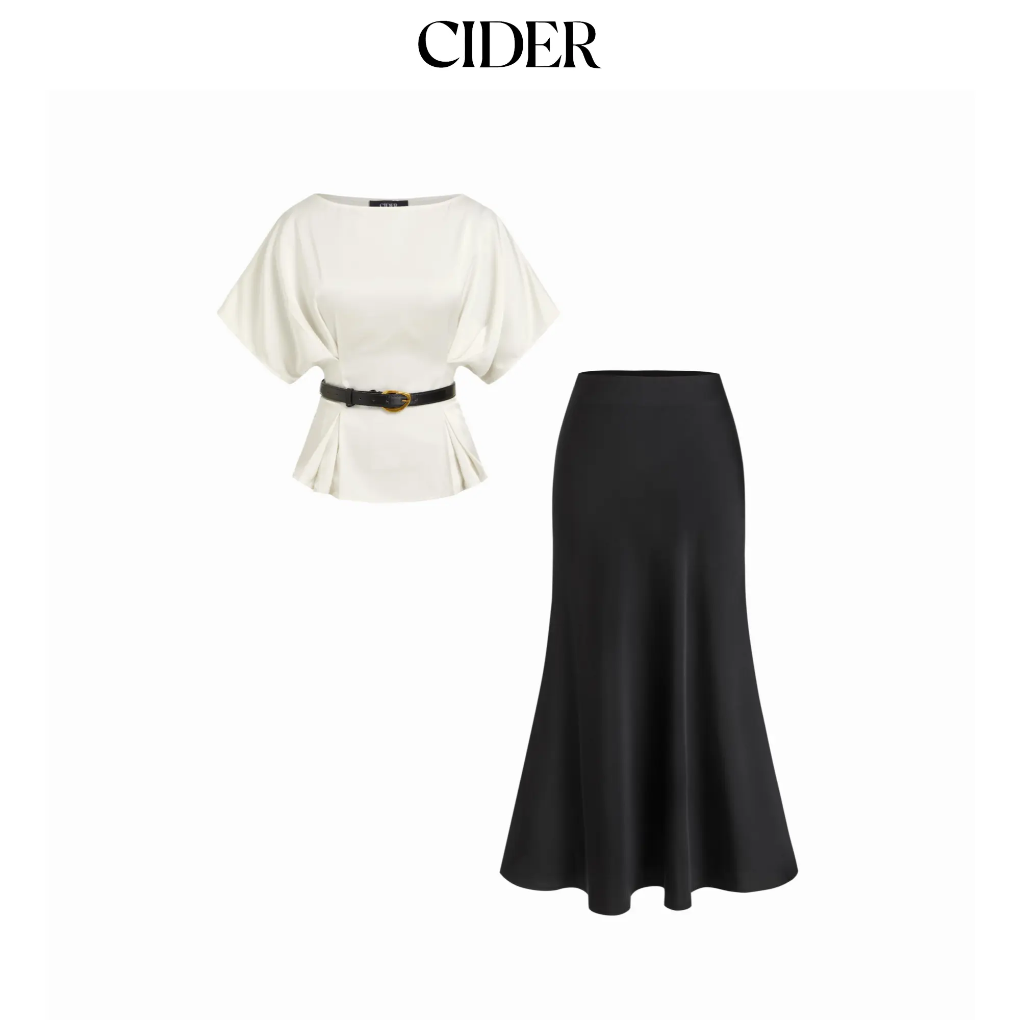 Cider Satin Batwing Sleeve Top & Mid Rise Mermaid Skirt Set with Belt SohoChic