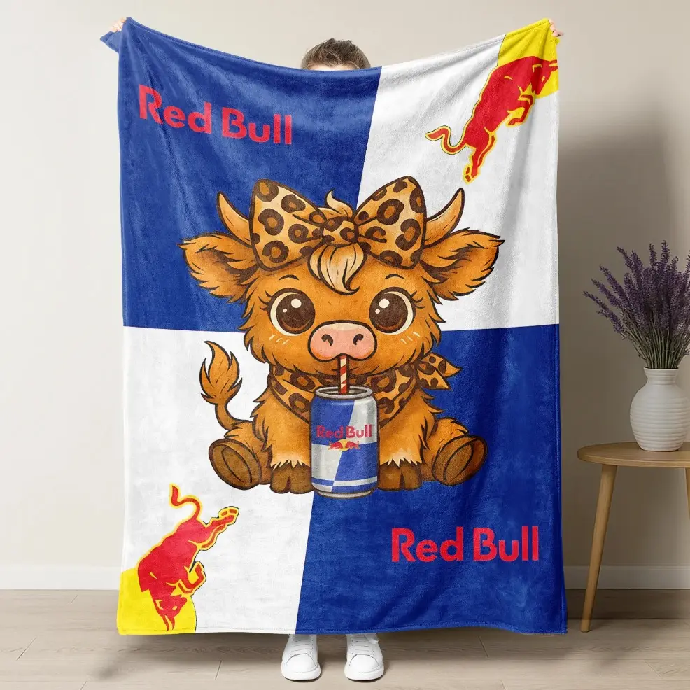 Cozy Red Bull Highland Cow Plush Fleece Throw Blanket, Cute Cartoon Cow Drinking Red Bull Graphic Blanket, Available In Baby Blanket & Adult Blanket Sizes, Soft Warm Cover For Red Bull Viewing Parties, Perfect Cow Lover Holiday Gift For Cozy Home Living &