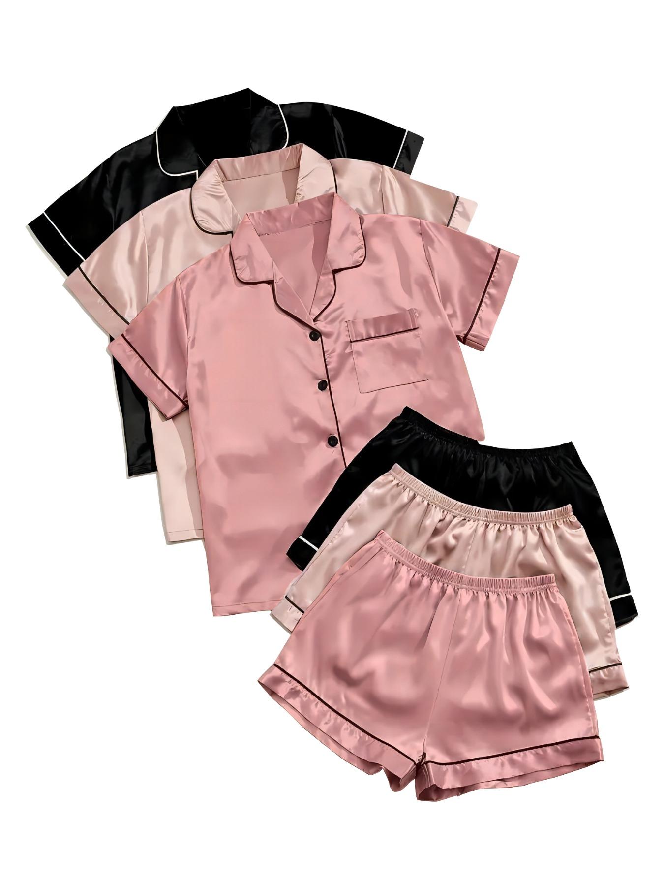 Women's Solid Satin Pyjama Set, Short Sleeve Button Front Lapel Shirt & Contrast Binding Shorts PJ Set, Summer Sleepwear Set, Pajamas, Silky Satin Pajama