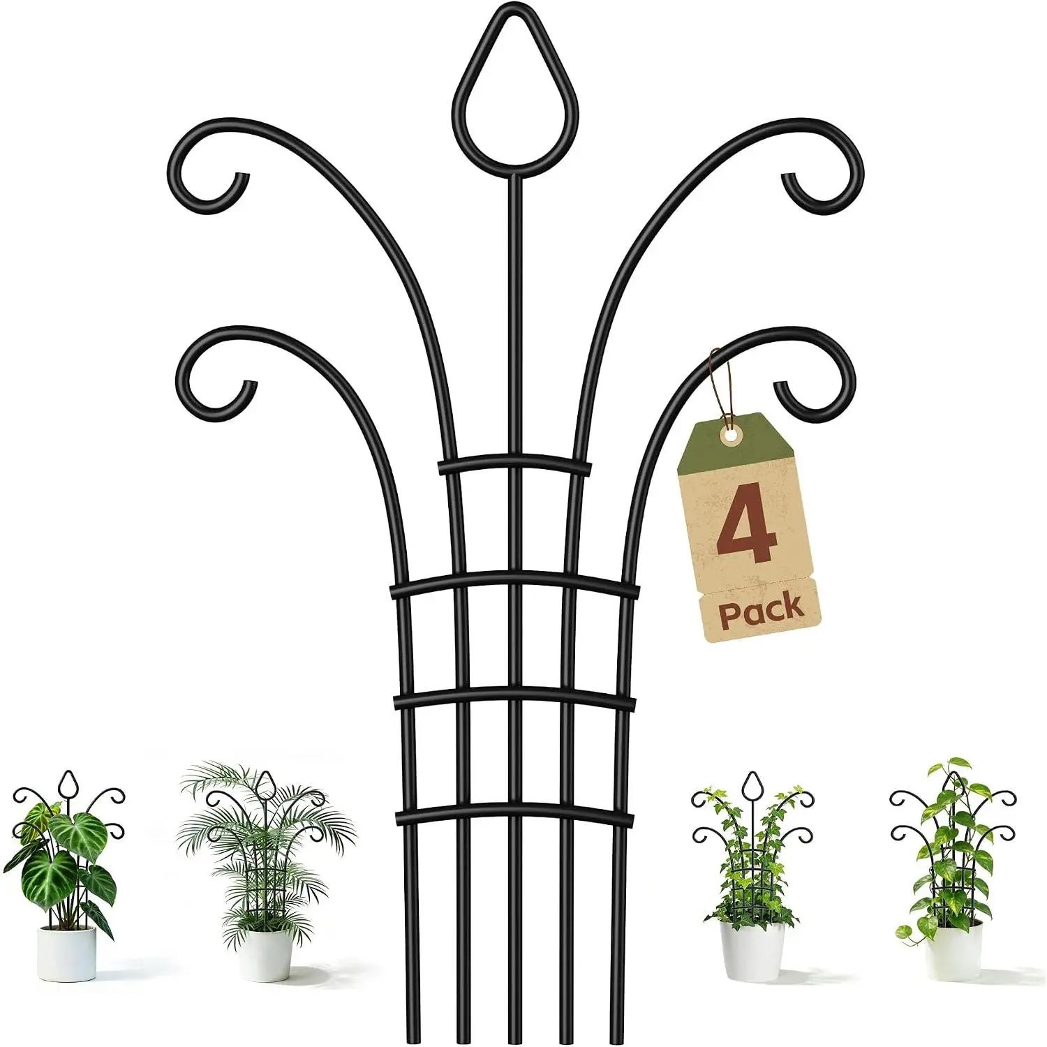 4 Pack Metal Small  Trellis for Potted ,Metal Indoor  Trellis for Climbing ,Black Mini Trellis Support with 5-Prong Base & 50 Ties, for Pothos Hoya Ivy,  for  Lovers
