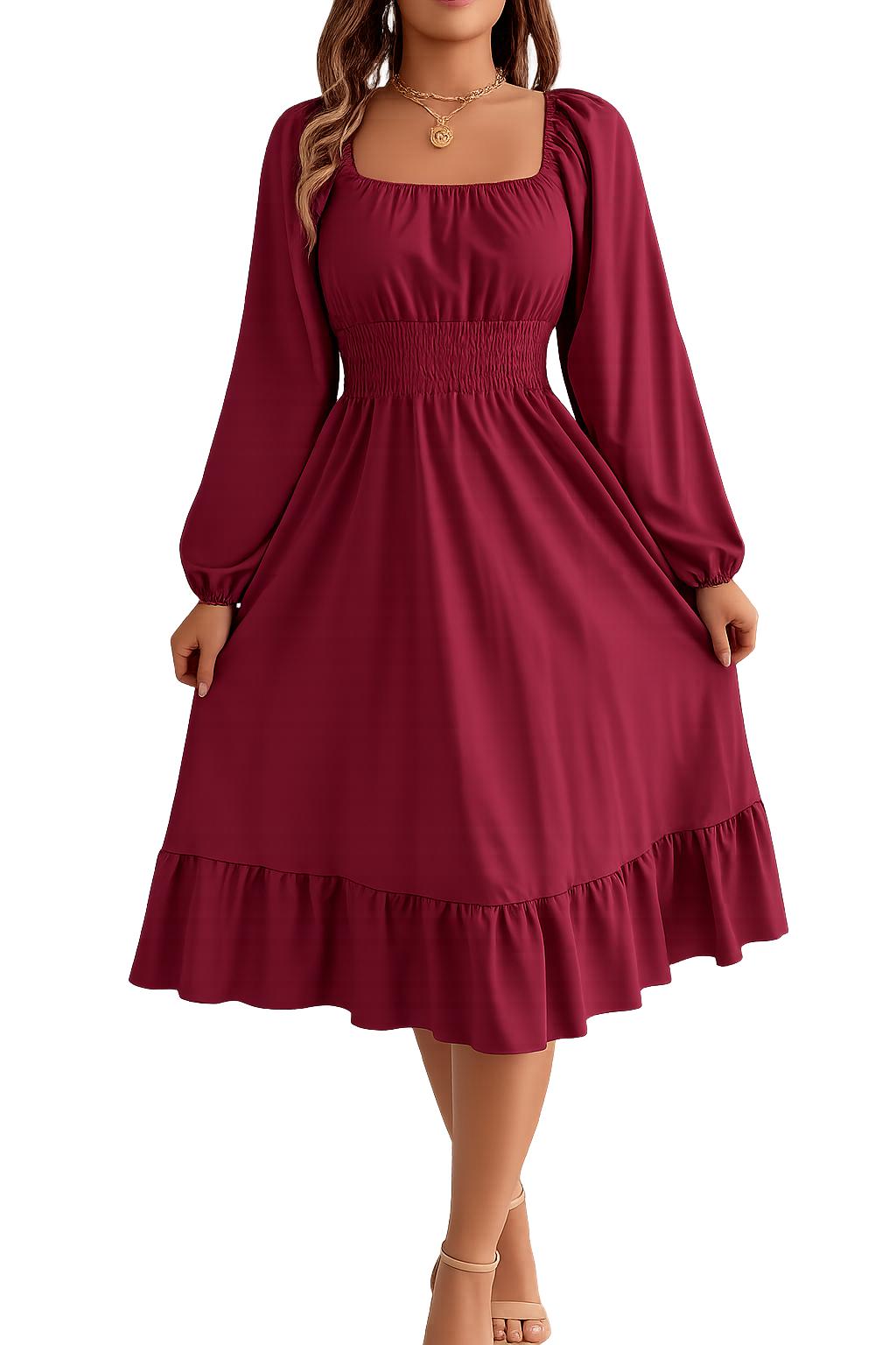 2026 Spring and Summer Leisure Solid Color Square Collar Long Sleeve Waist-Cinched A-Line Skirt