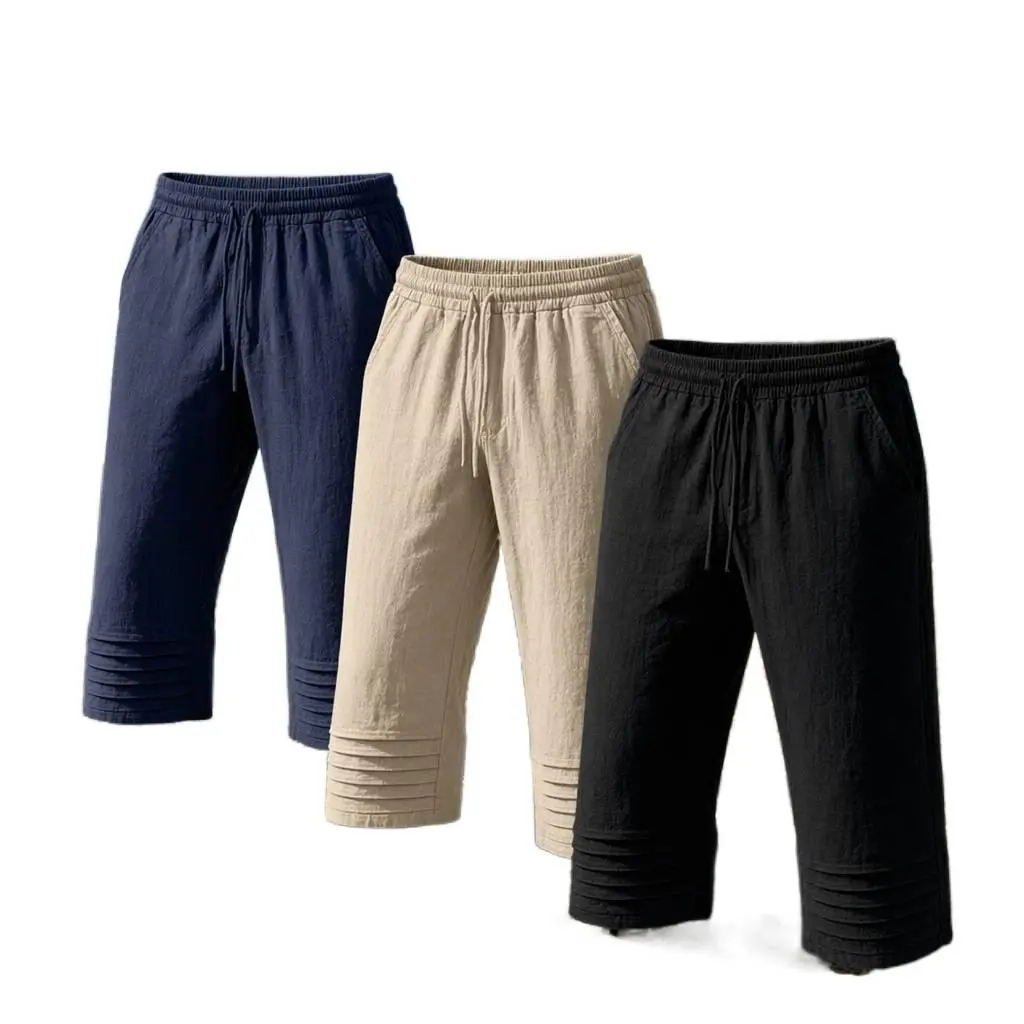 Men's Crinkle Linen-Blend Capri Shorts, Drawstring Waist, Casual Loose-Fit Lounge Wear, Pleated Hem, Lightweight Breathable Polyester Fabric, Zipper, Pants