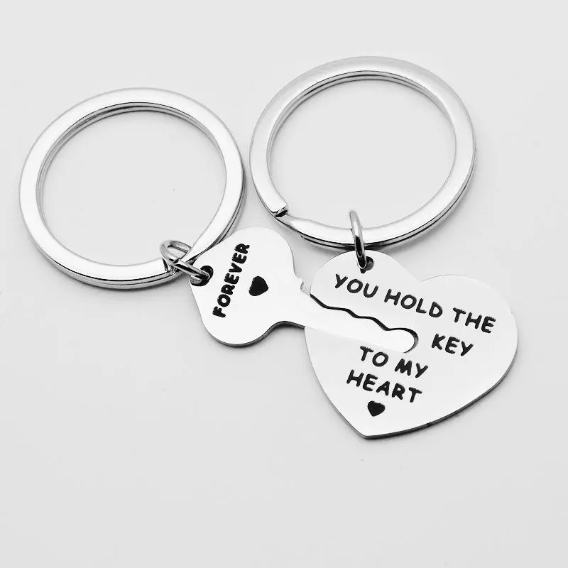 Couple Puzzle Fit Keychain - 2-Piece Interlocking Set, "Key to My Heart" Forever Engraved Heart Keys, Polyester/Nylon Love Gift for Boyfriend Birthday, Girlfriend Anniversary, Two Piece Set, Romantic