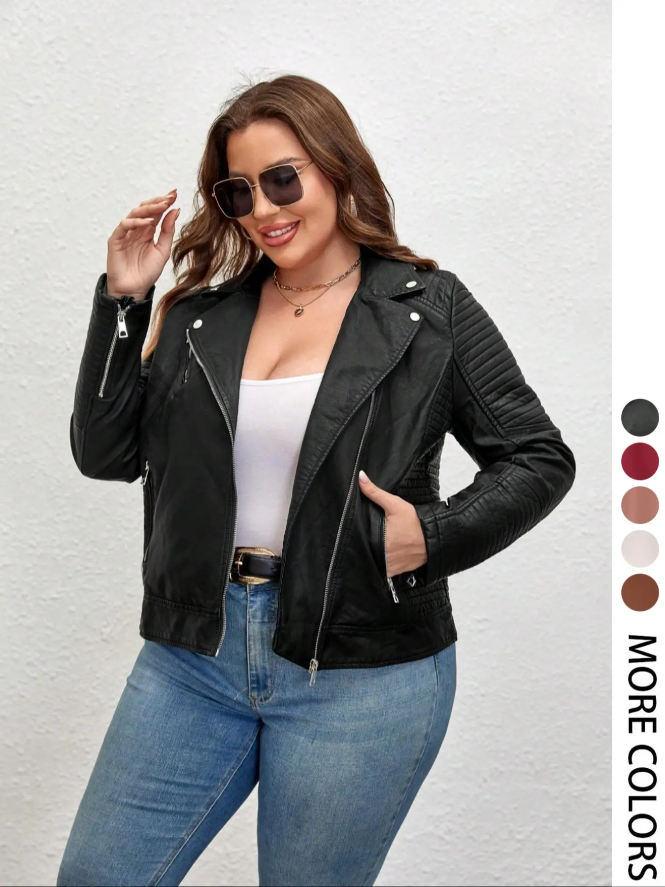 Women's Plus Size Plain PU Zippered Jacket, Coats, Casual Fitted Outerwear for Spring & Fall, Womenswear