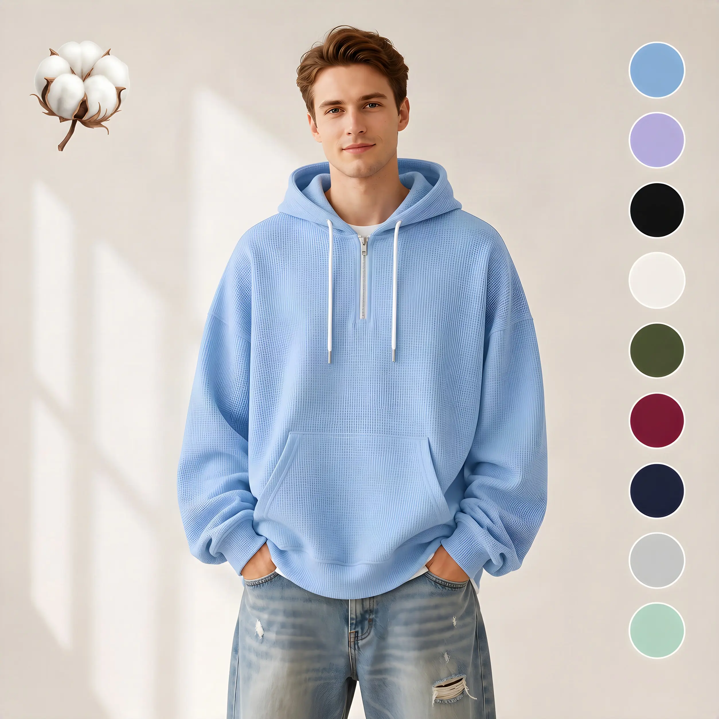 Men's Plain Longsleeve Waffle Knit Hooded Pullover Sweatshirt - Polyester Casual Sports Top Soft Cozy Streetwear with Seam Pocket Unisex Fit Daily Outdoor Menswear Hoodie Longsleeves summerwins,back to school,back to school shopping
