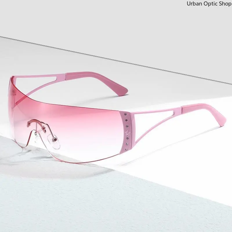 Y2K Rimless Wrap Sunglasses Star Rivet UV400 Gradient Pink Lens Festival Eyewear