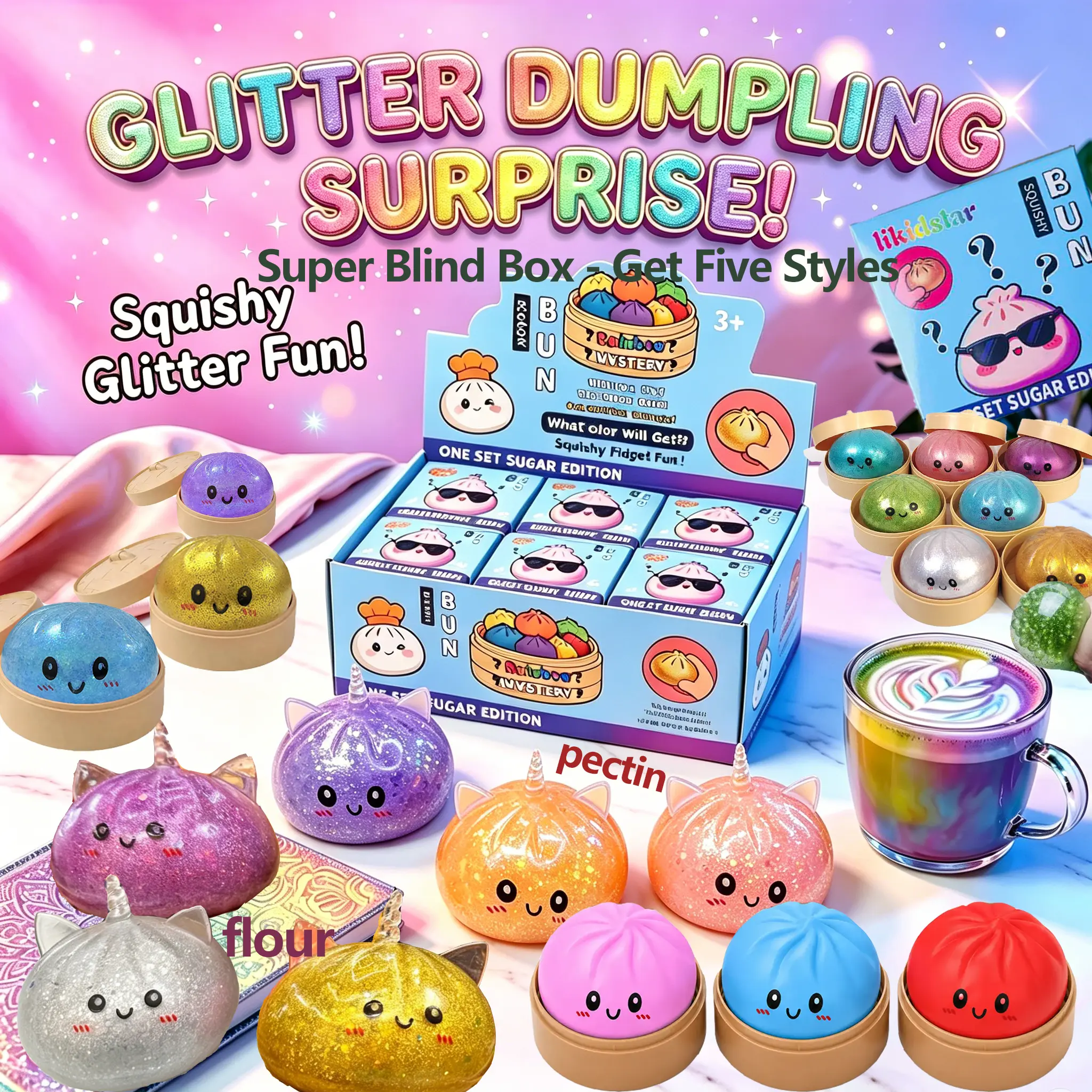 Glitter Dumpling Squishy, Ultra Rare Gold Glitter Hidden Edition, soft TPR flour with steamer/bursting beads, sensory stress-relieving toys, five different styles